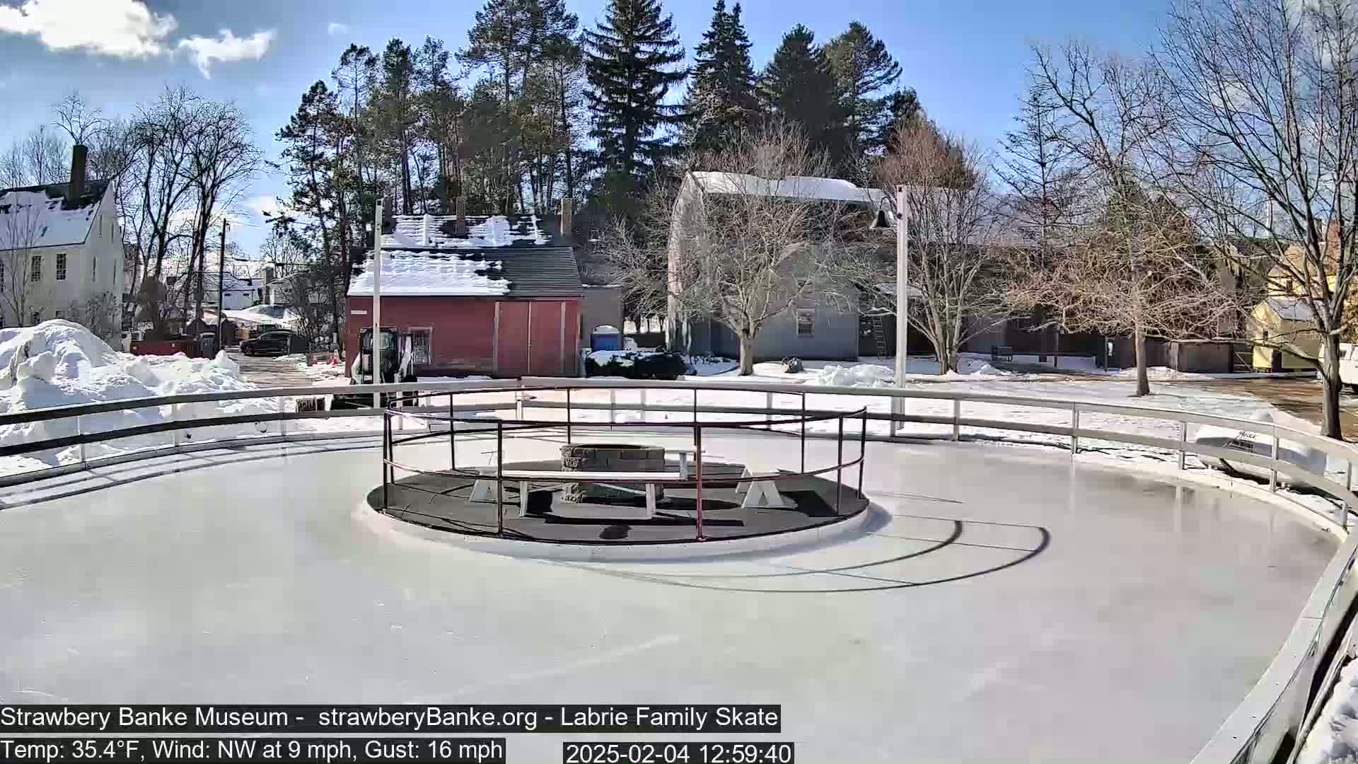 A round outdoor ice skating rink, surrounded by a metal fence, is situated near buildings with snow-covered roofs on a sunny day with a northwest wind.