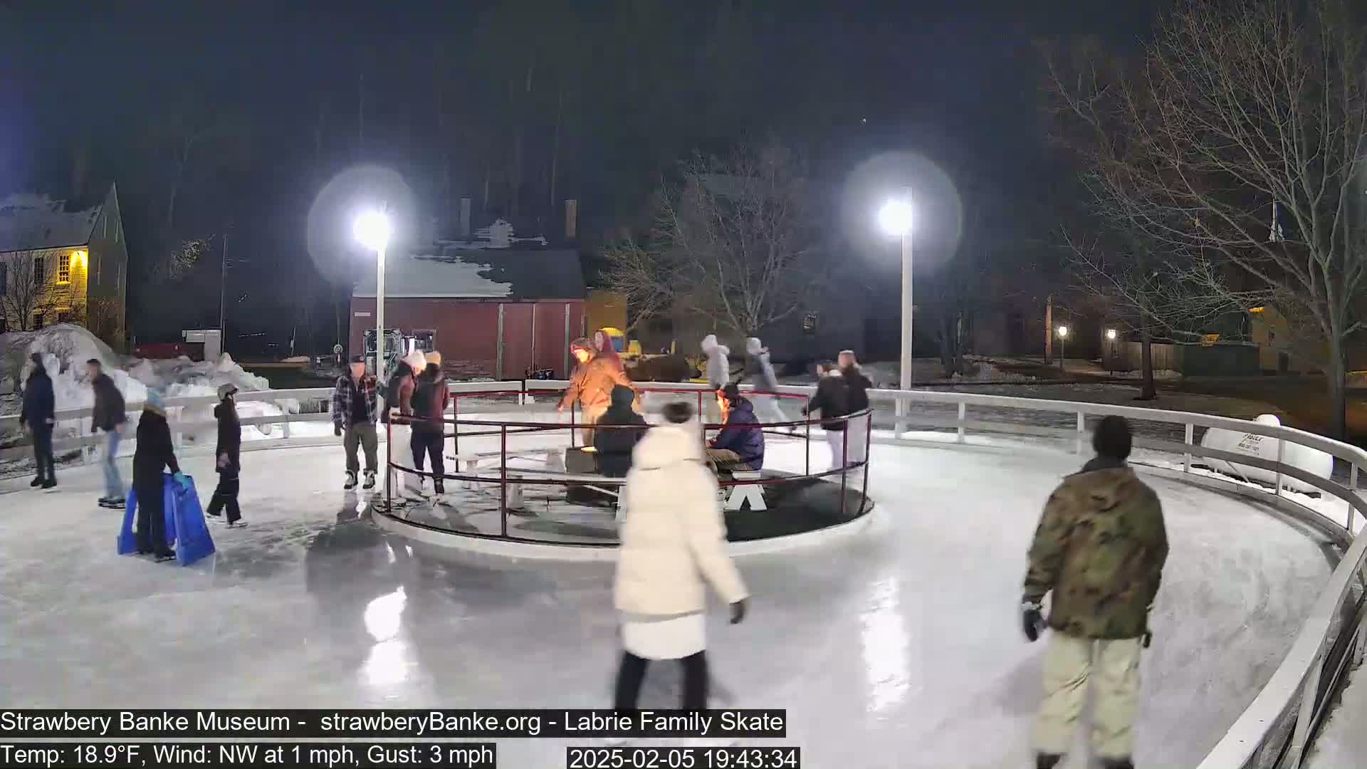 People ice skate on an outdoor rink at night under lights, with a light NW wind.
