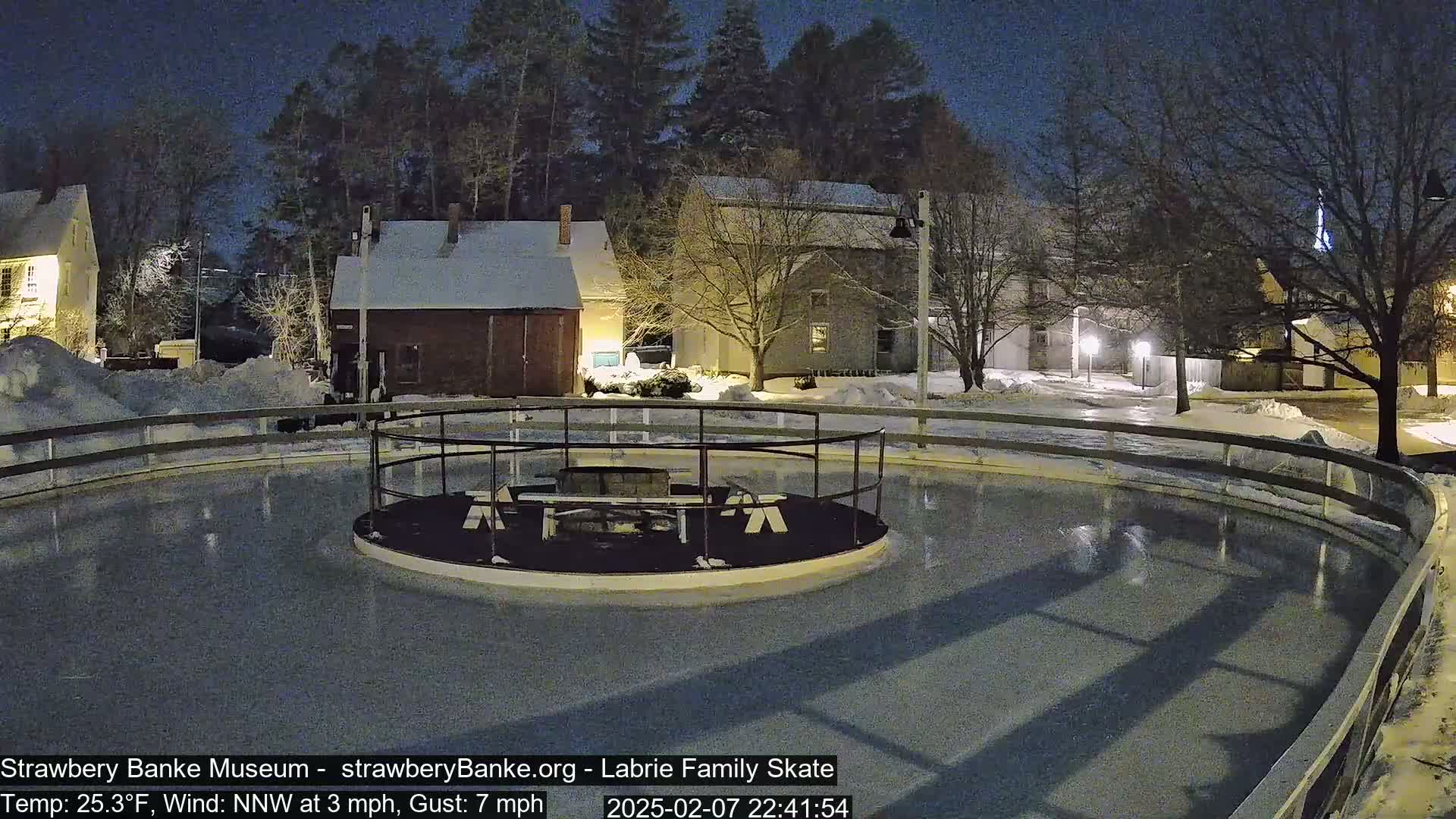 A nighttime view of an outdoor ice rink surrounded by snow-covered buildings and trees under a dark sky.