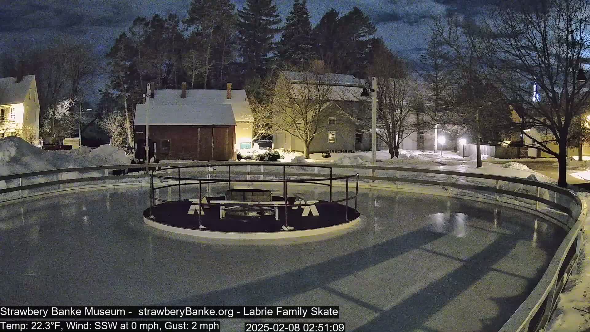 A nighttime view of an outdoor ice skating rink surrounded by snow-covered buildings and trees under a dark, cloudy sky.