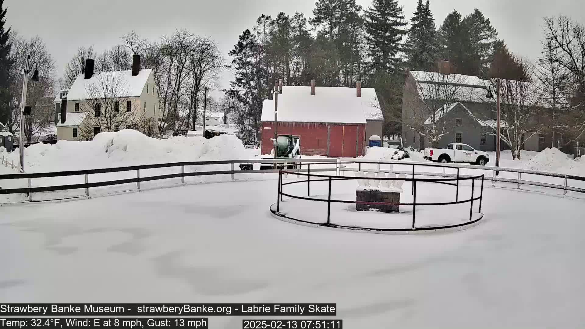 A snow-covered outdoor skating rink, surrounded by snow-covered buildings and trees, in windy, cold weather.