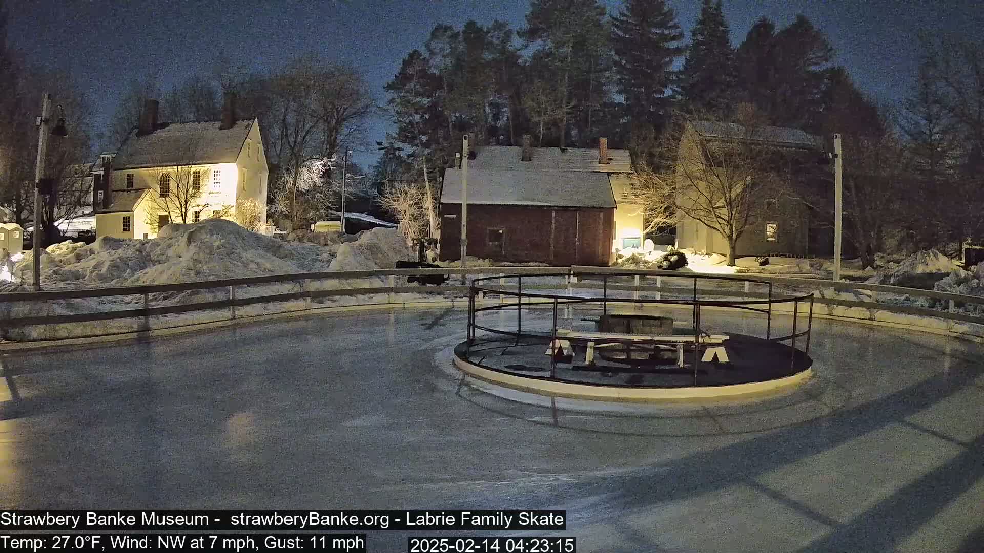 An outdoor ice skating rink at night, surrounded by snow-covered buildings and trees under a dark sky, with a NW wind.