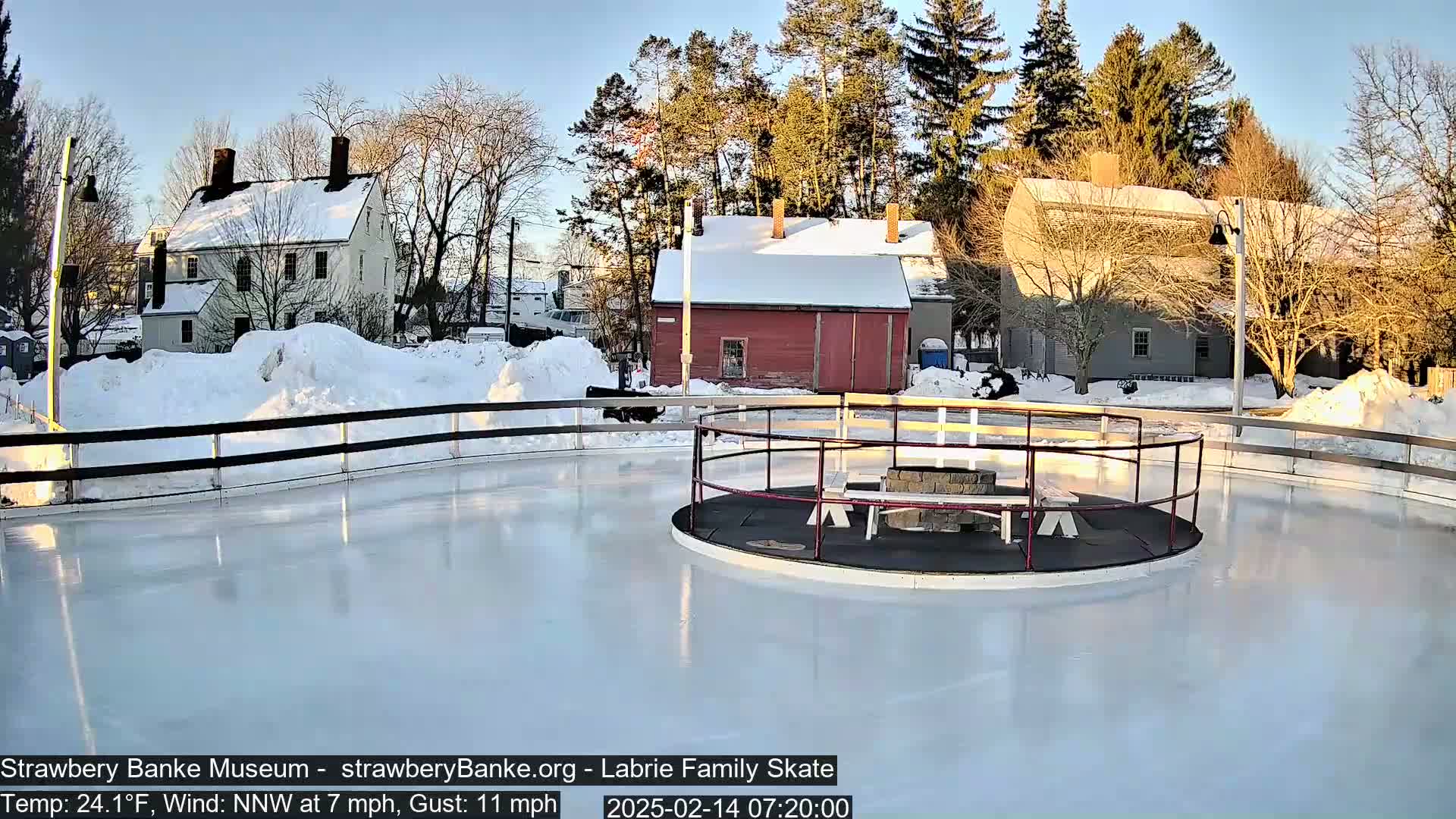 An outdoor ice rink, surrounded by snow-covered ground and buildings, is bathed in the sunlight of a clear, cold day with a light north-northwest wind.