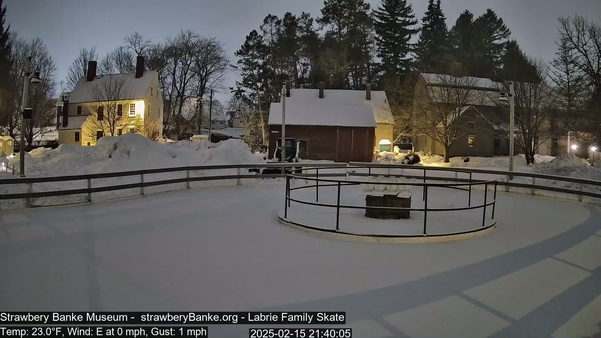 A snow-covered outdoor skating rink at night, surrounded by illuminated historical buildings and snow-laden trees.