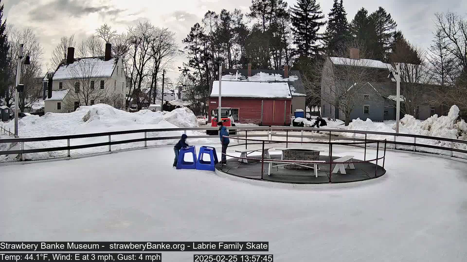 A snowy outdoor ice rink with two children and two adults near a fire pit, surrounded by snow-covered buildings and trees under a cloudy sky.