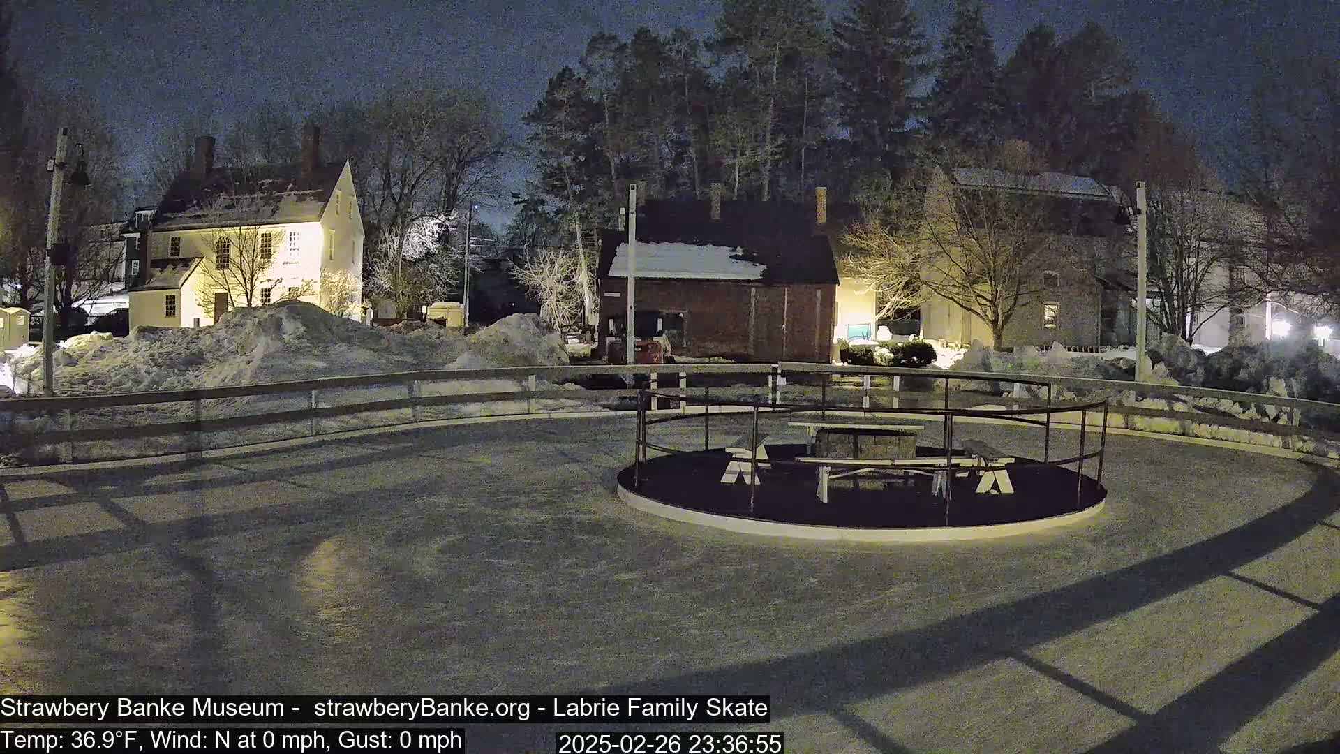 A nighttime view of a snow-covered outdoor ice rink, surrounded by historic-looking buildings and trees under a dark sky.