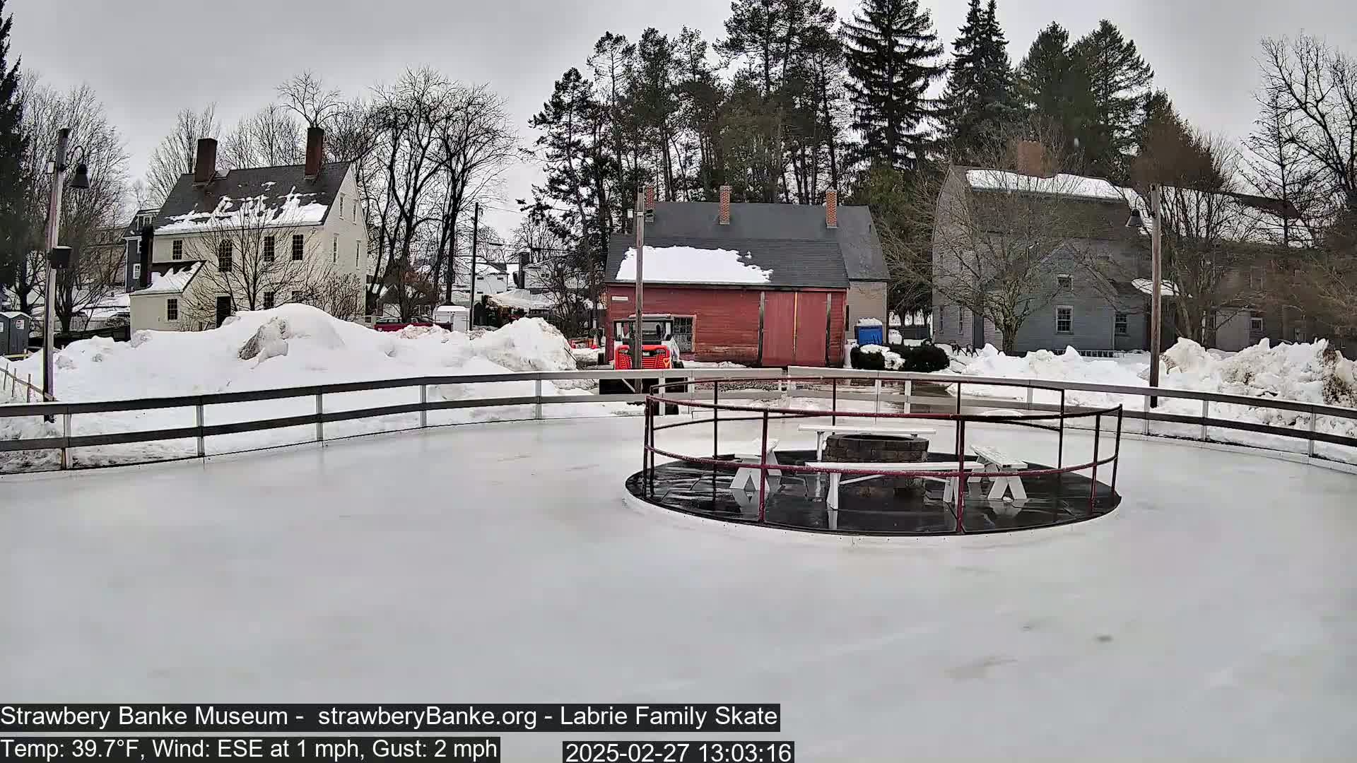 A snow-covered outdoor ice skating rink with a fire pit and picnic tables in the center, surrounded by buildings and trees under an overcast sky.