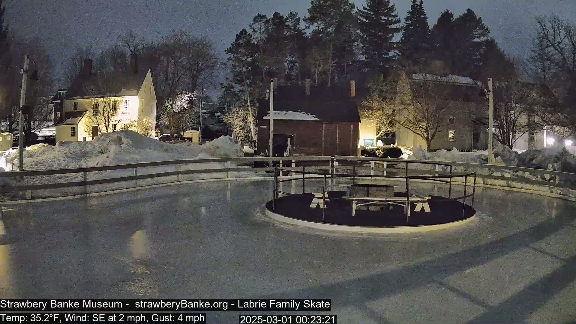 An outdoor ice skating rink at night, surrounded by snow-covered ground and buildings, under a dark sky with a southeast wind.
