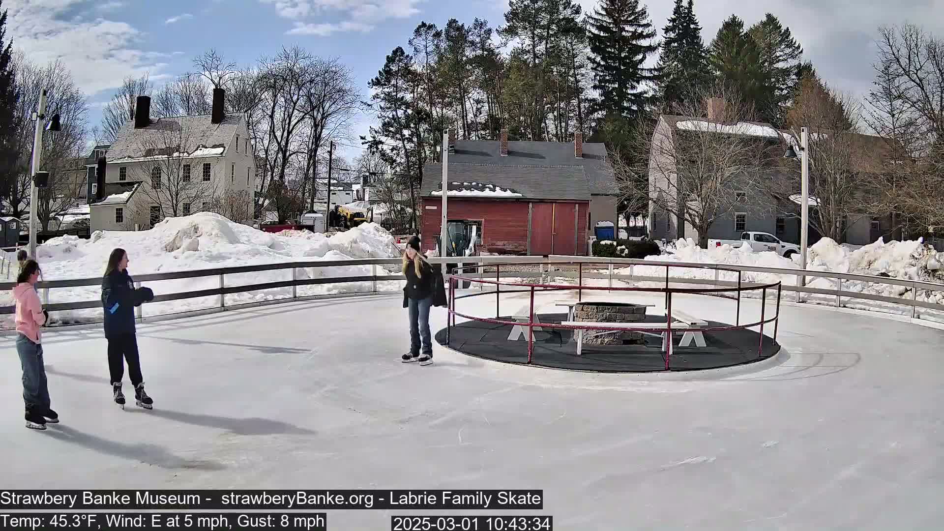 Three people ice skate on an outdoor rink surrounded by snow and buildings on a partly sunny day with a 5 mph east wind and gusts up to 8 mph.