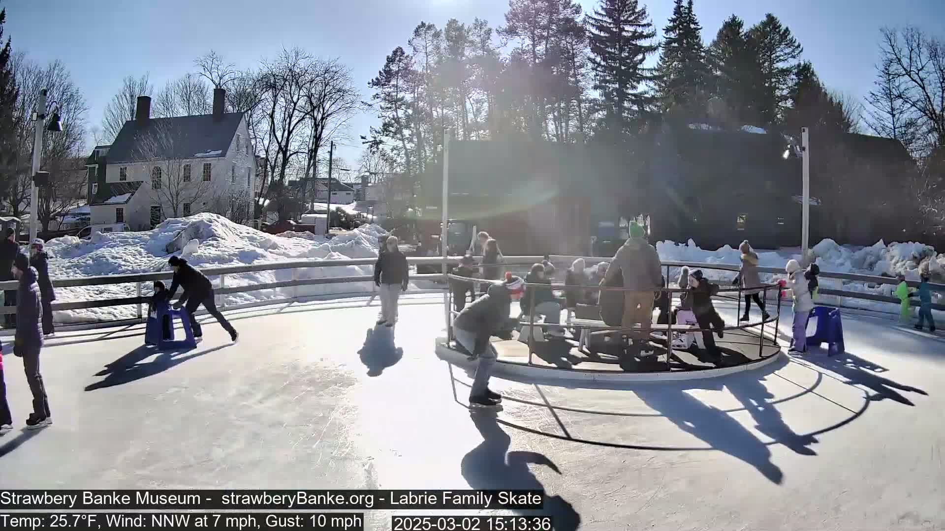 On a sunny, cold day with a light north-northwest wind, people ice skate on an outdoor rink near a snow-covered building.