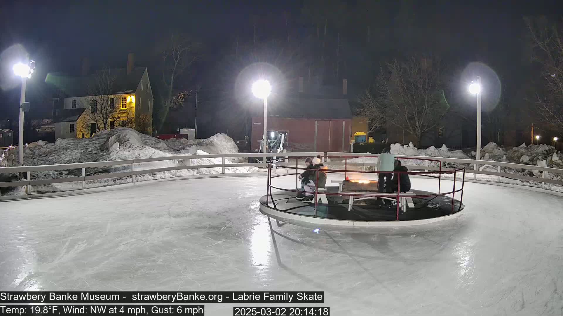 At night, a lit outdoor ice skating rink with a small fire pit in the center, surrounded by snow and a building in the background, under a northwest wind at 4 mph with gusts up to 6 mph and a temperature of 19.8°F.