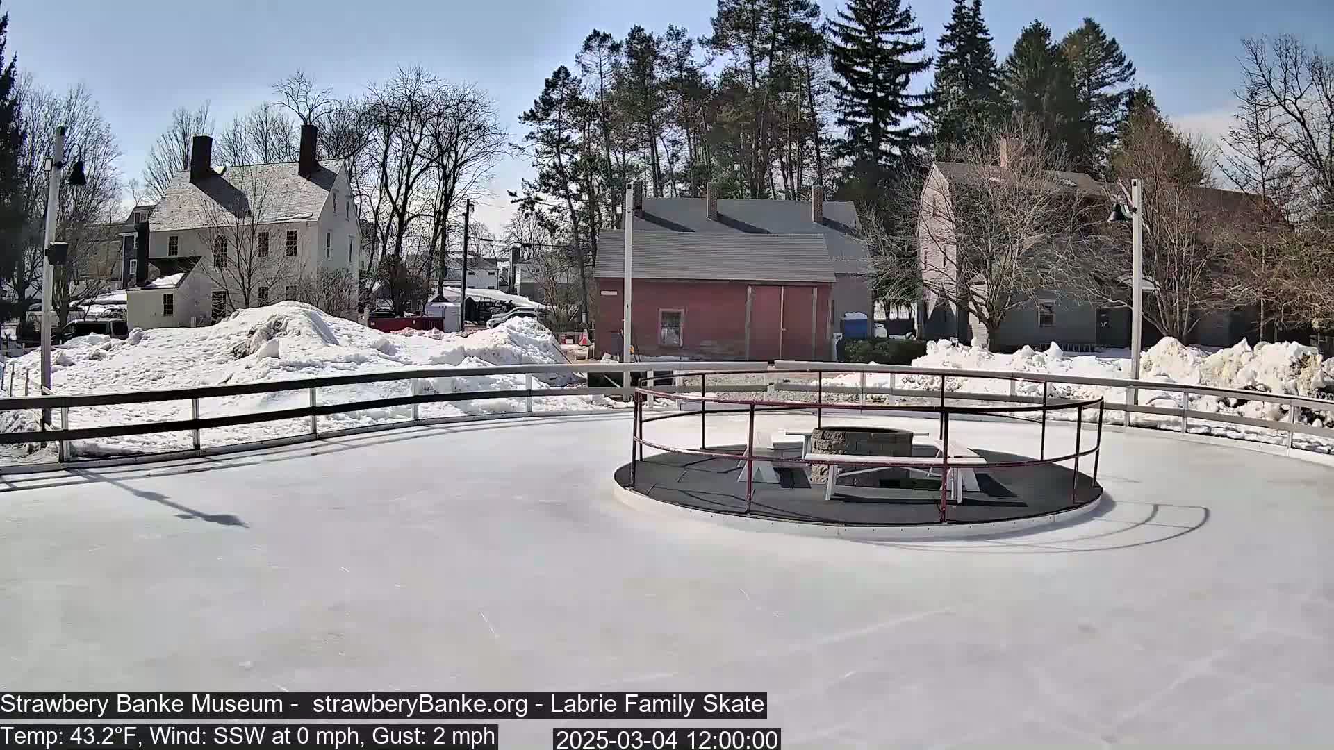 An outdoor ice skating rink with a fire pit in the center, surrounded by snow piles and buildings, on a sunny day with a light south-southwesterly wind.