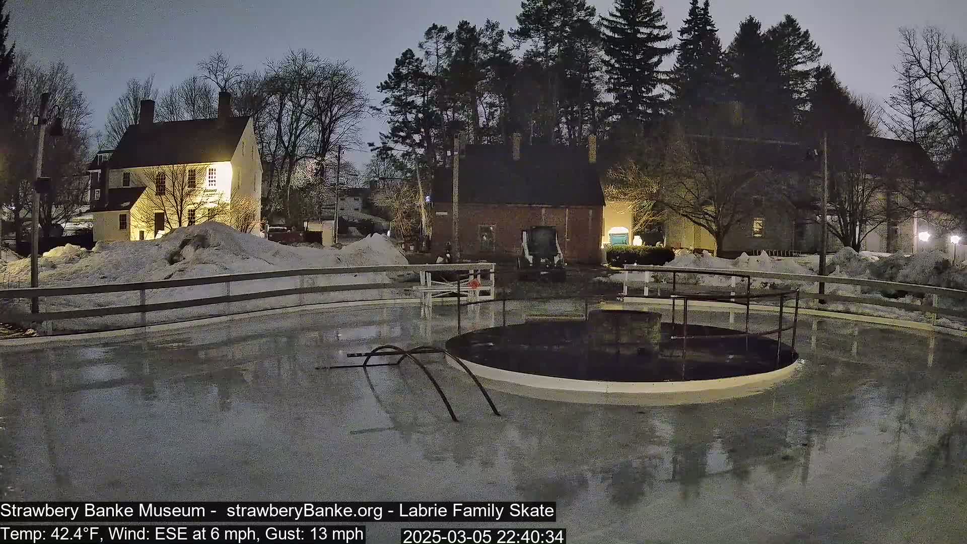 A nighttime view of a partially frozen skating rink, illuminated by nearby buildings, with snow on the ground and a wind blowing from the east-southeast at 6 mph with gusts up to 13 mph.