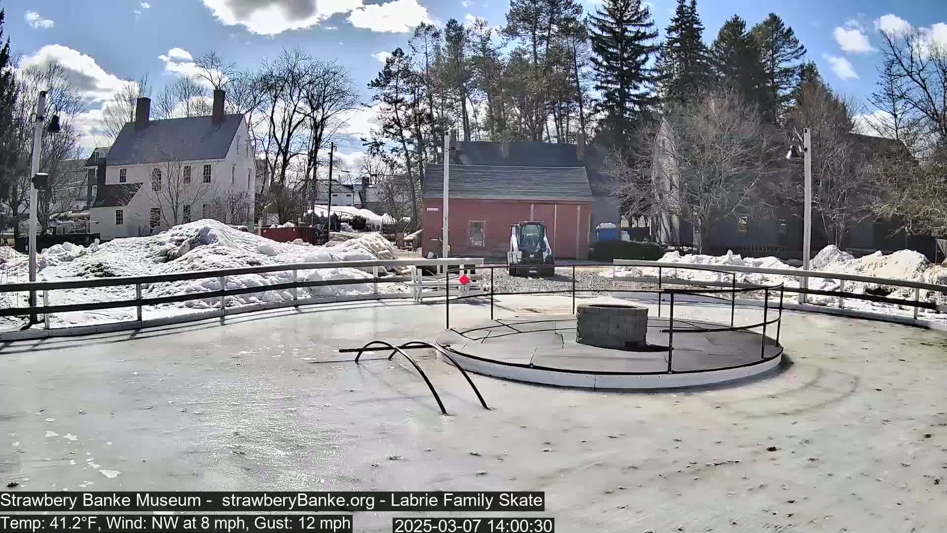 A partially frozen outdoor skating rink, surrounded by snow piles and buildings, under a partly sunny sky with a northwest wind.