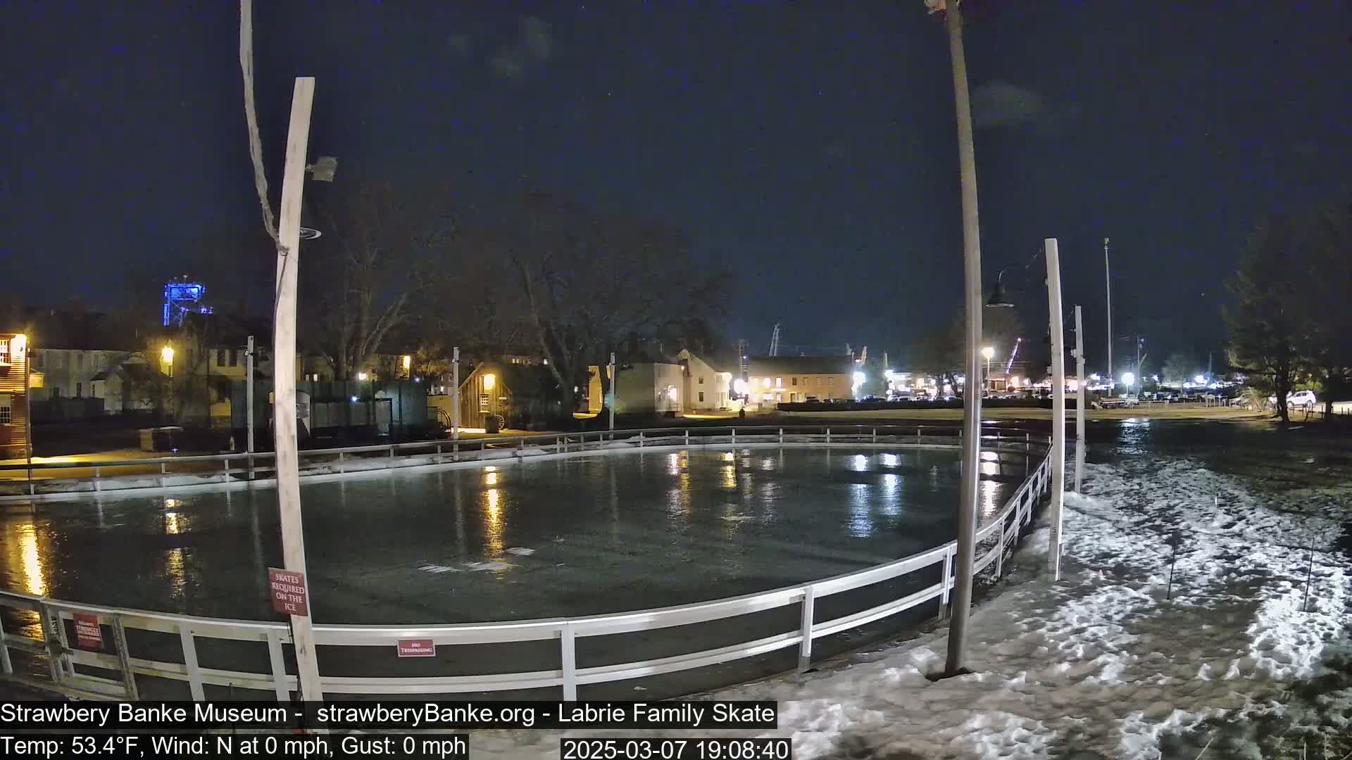 An outdoor ice skating rink is illuminated at night, surrounded by snow and buildings under a clear, starry sky.