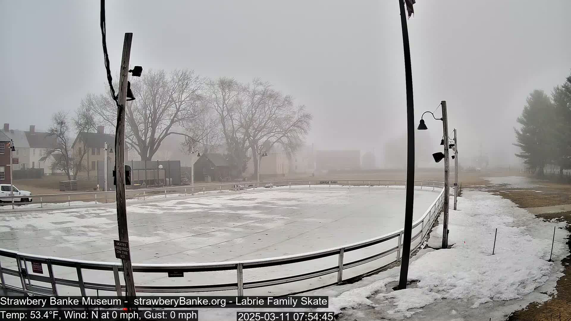 An outdoor ice rink, surrounded by snow and bare trees, is shrouded in a dense fog.