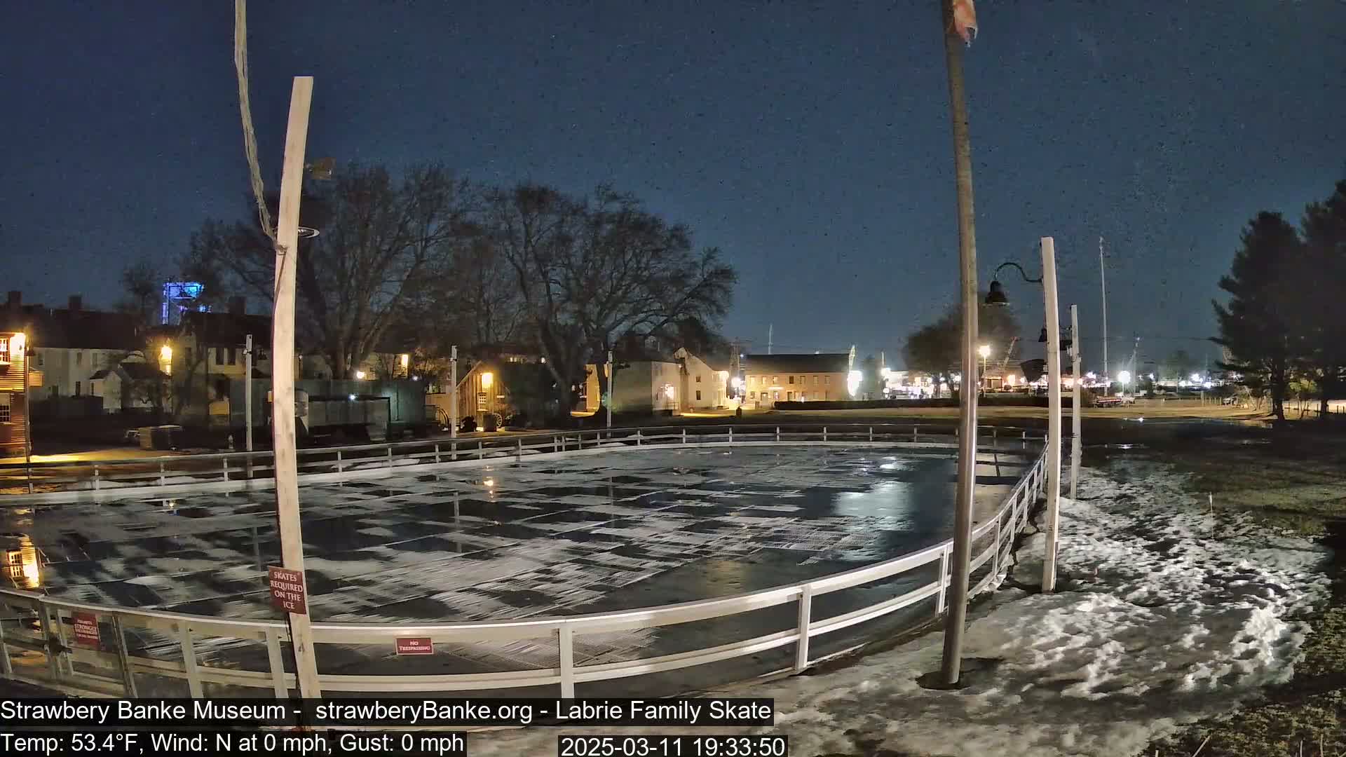 An outdoor ice rink at night, surrounded by buildings and trees under a clear, dark sky, with a small amount of snow on the ground.
