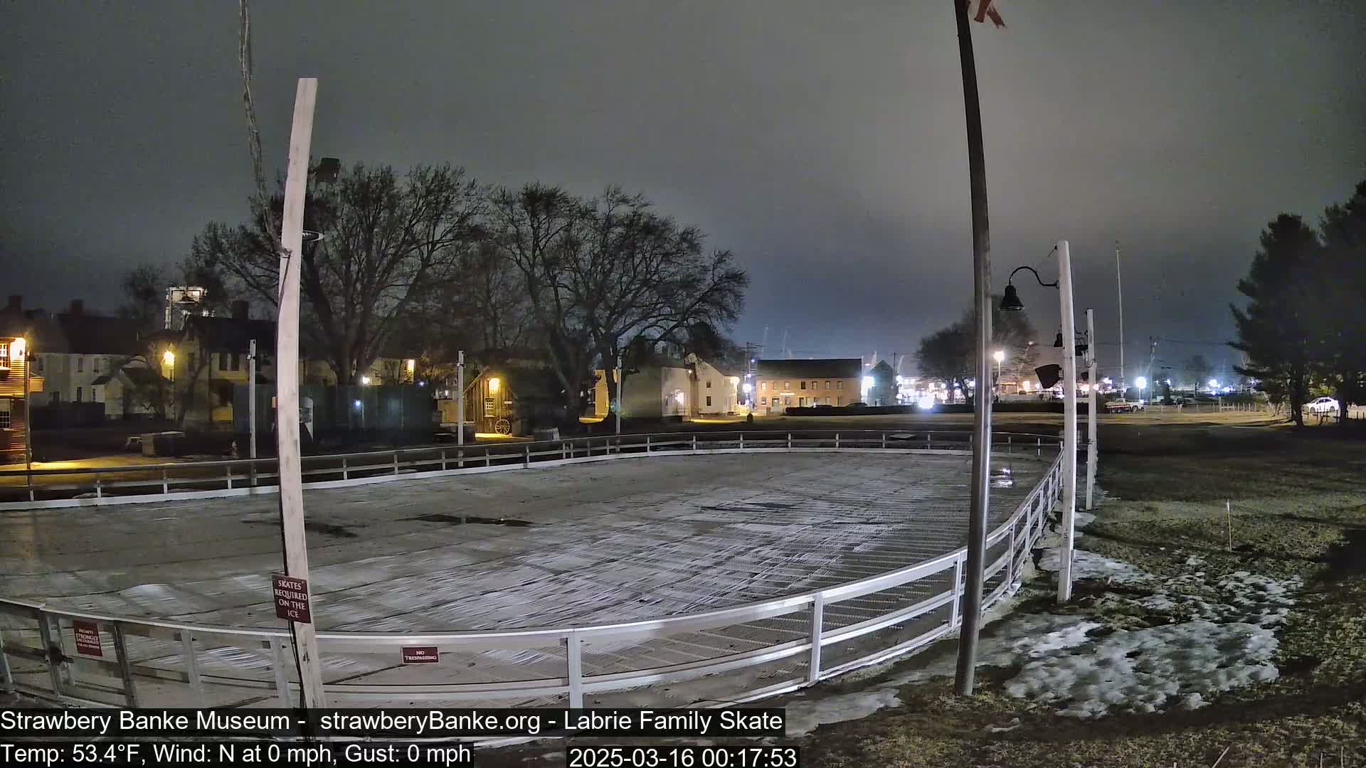 An outdoor ice skating rink at night, under a dark, overcast sky, with surrounding buildings and trees visible in the background; there is some snow and ice around the rink's perimeter.