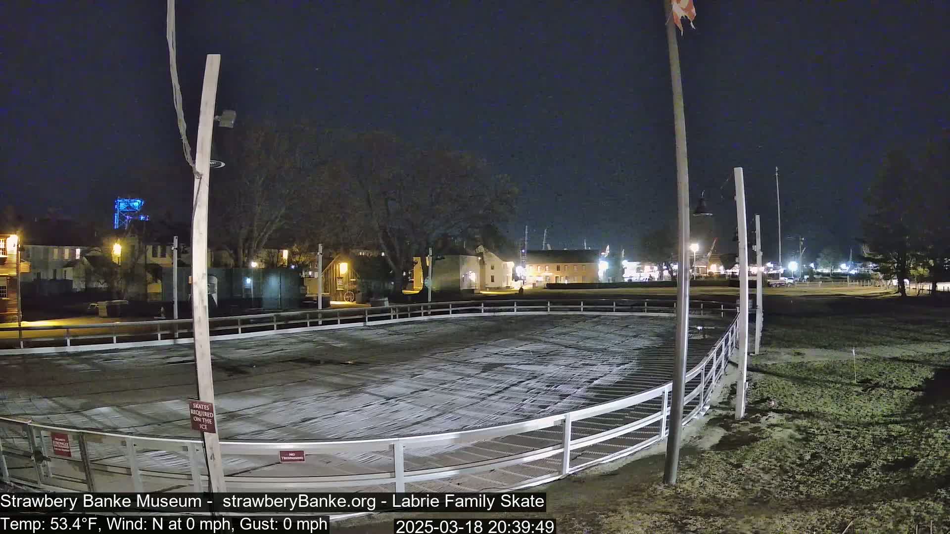 An empty outdoor ice skating rink at night, illuminated by artificial lights, is surrounded by buildings and trees under a clear, dark sky.