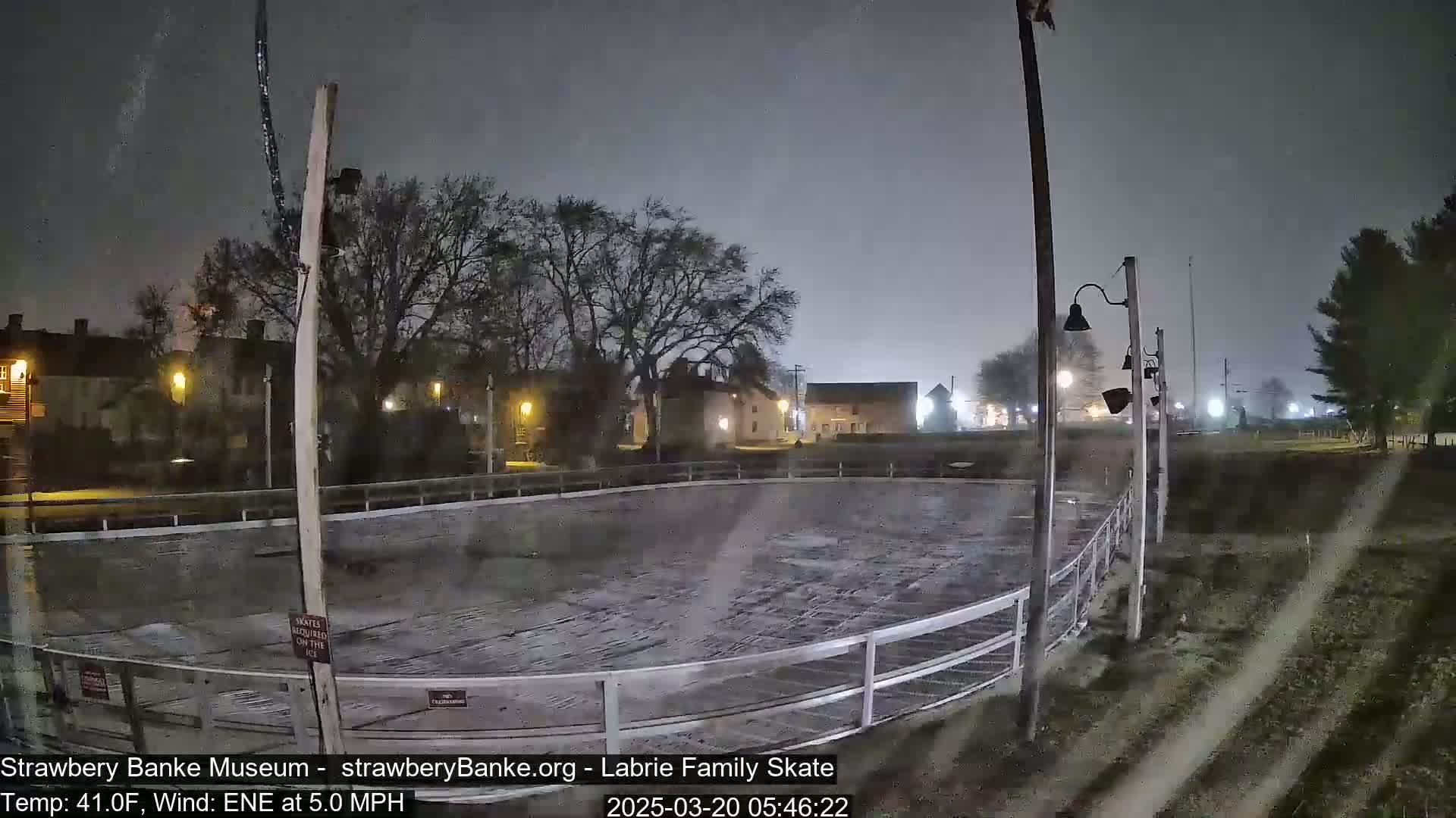An outdoor ice skating rink, surrounded by a fence and illuminated by streetlights, is lightly snowed on under a dark, overcast night sky.