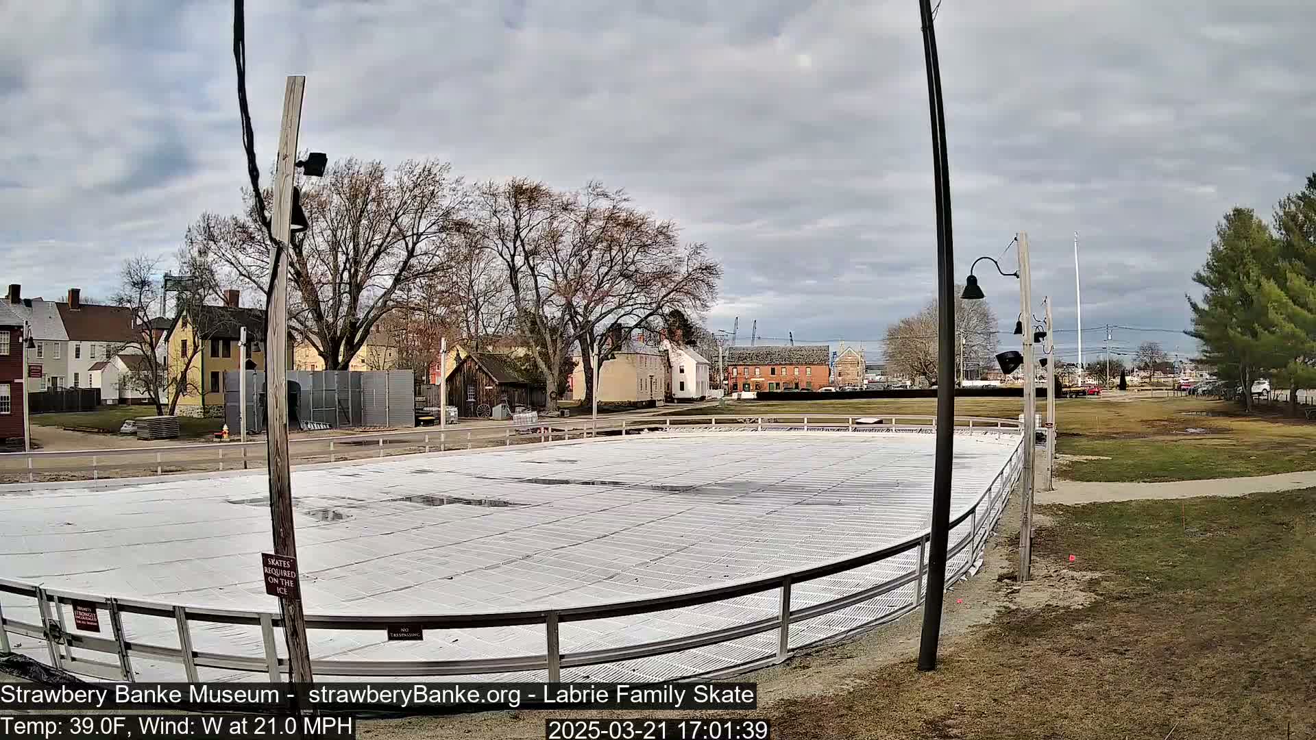 An outdoor ice rink sits in front of a row of buildings on an overcast day with a 21 mph west wind.