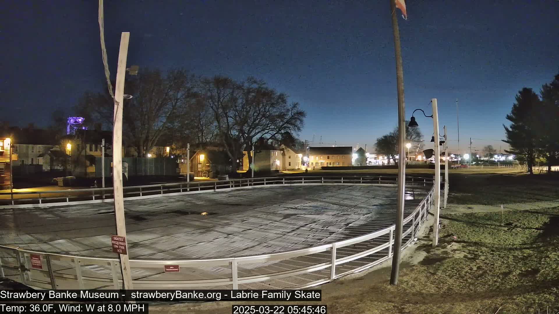 An outdoor ice skating rink at night, under a clear, dark blue sky, with a light dusting of snow or frost on the ice.