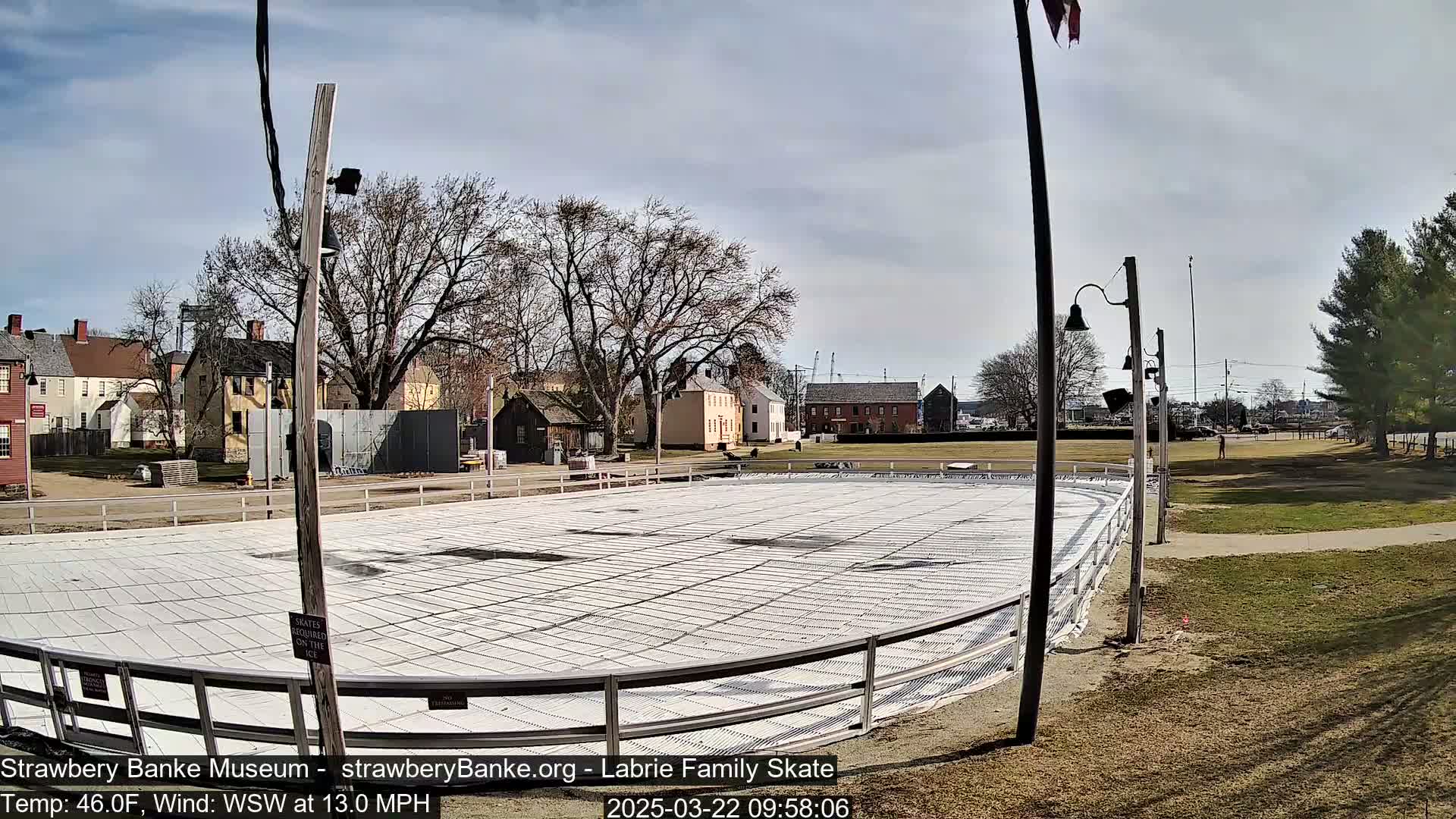 A covered outdoor ice skating rink is situated near several historical-looking buildings on a partly sunny day with a wind of 13 mph.