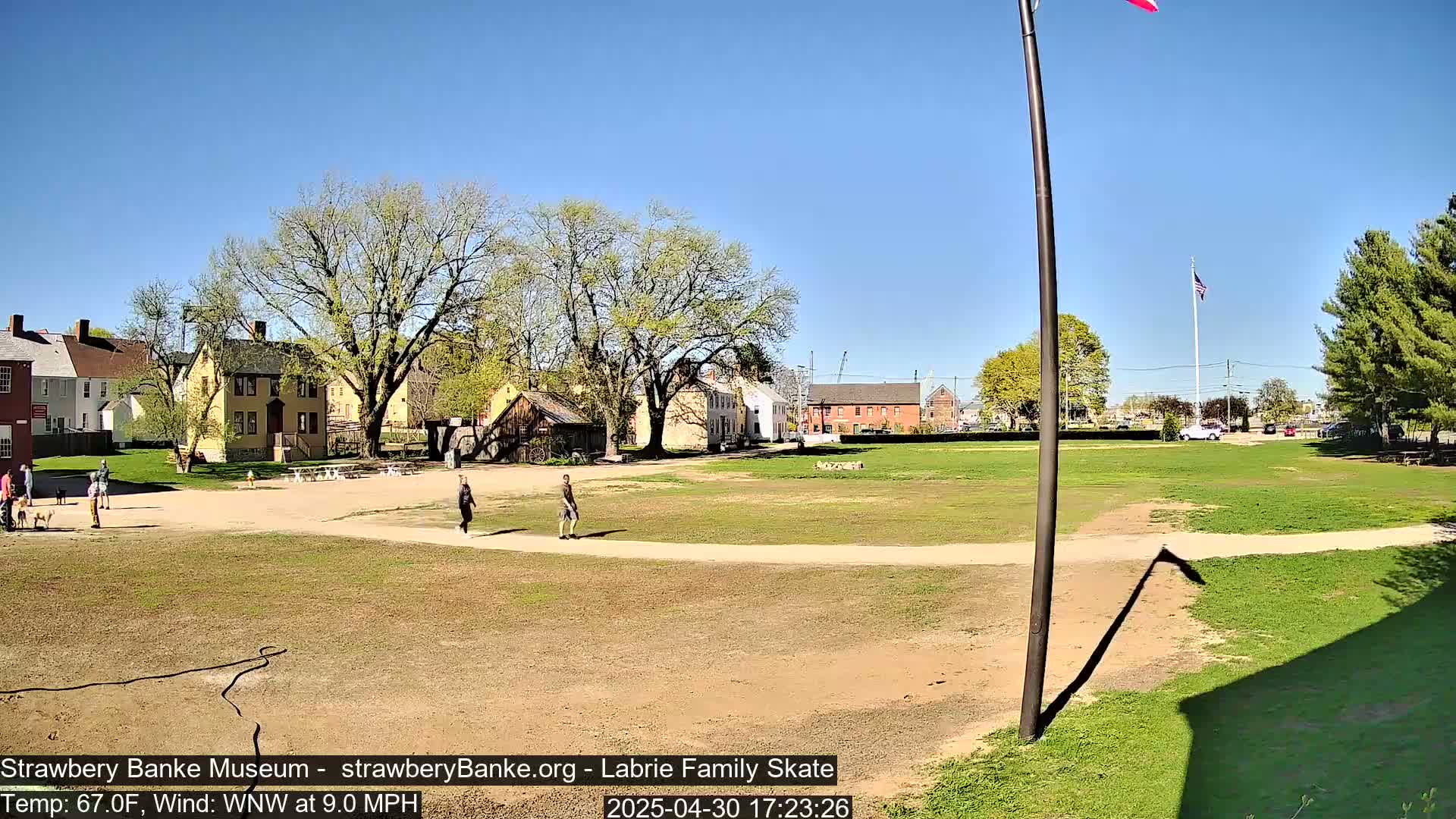 A grassy field with several historical-looking buildings in the background, under a clear blue sky, with a few people walking and dogs present.