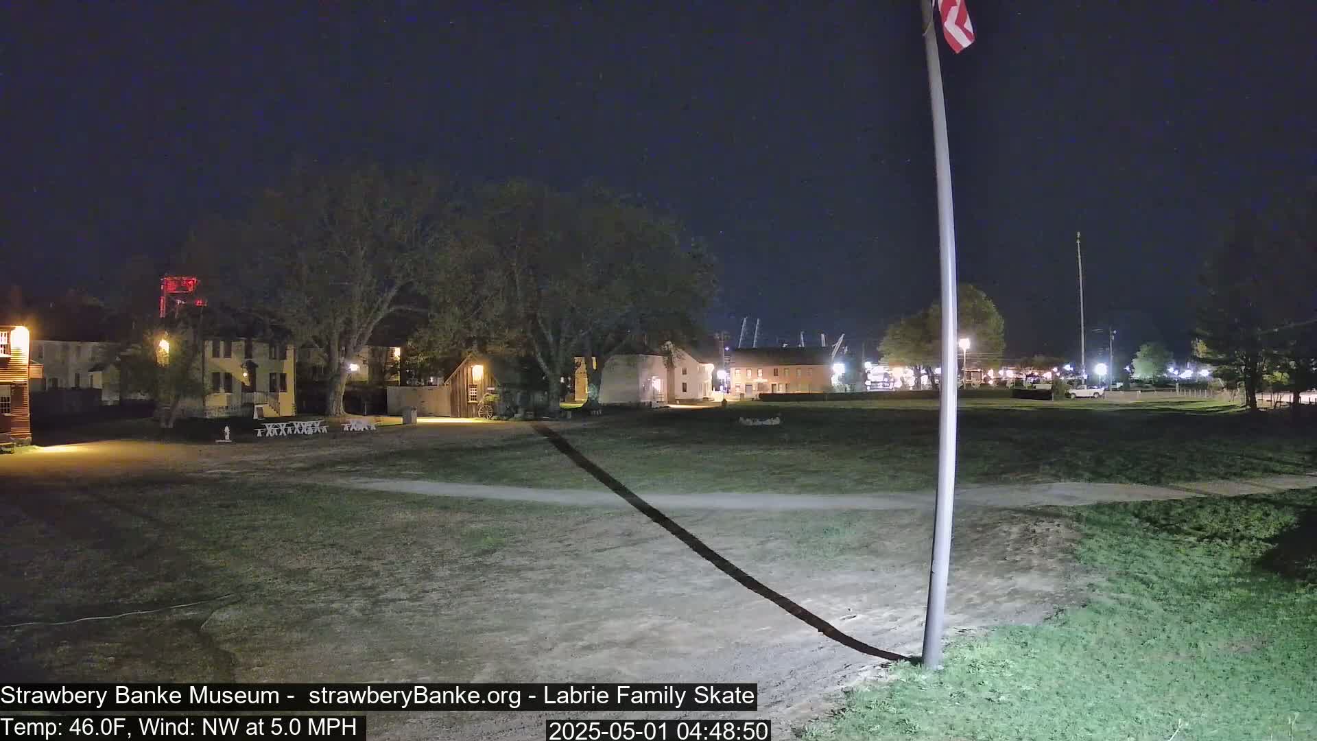 A nighttime view of a grassy area with historical-looking buildings in the background, under a clear, dark sky.