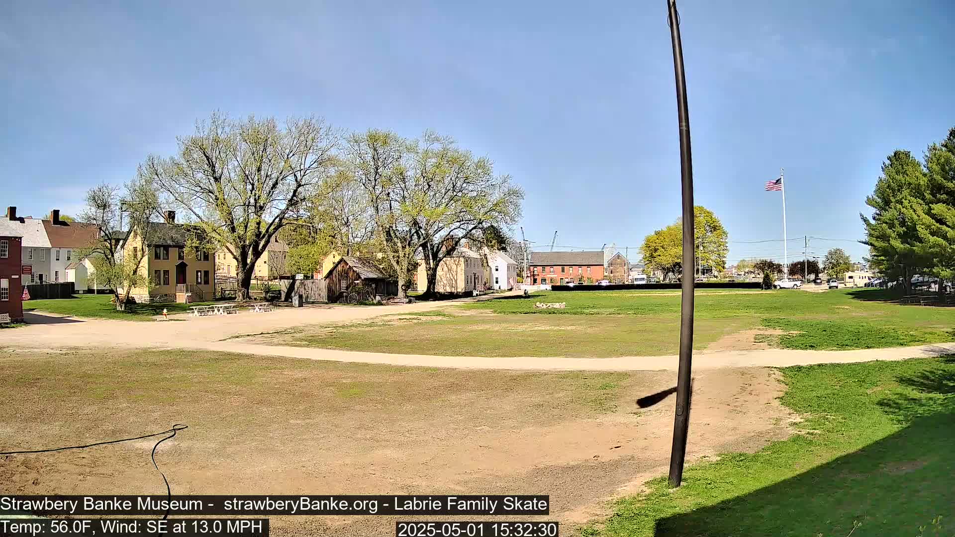 A grassy field with several historical-looking buildings and a few trees in the background on a sunny day with a southeast wind.