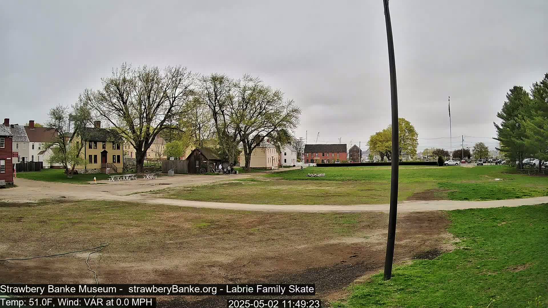 A mostly overcast day shows several historic-looking buildings surrounded by a grassy field with a dirt path, some picnic tables, and a few people.