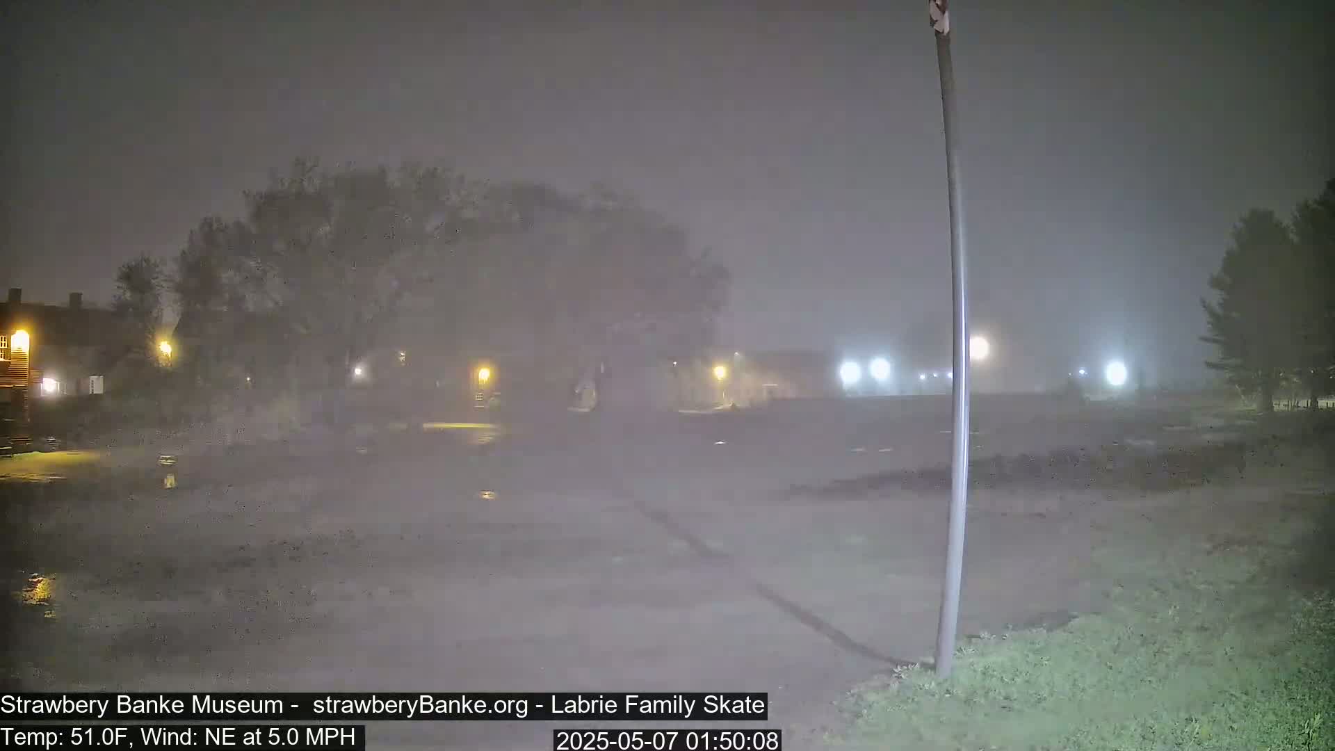 A foggy, nighttime scene shows a wet, empty parking lot with dimly lit buildings and trees in the background, under a northeast wind.