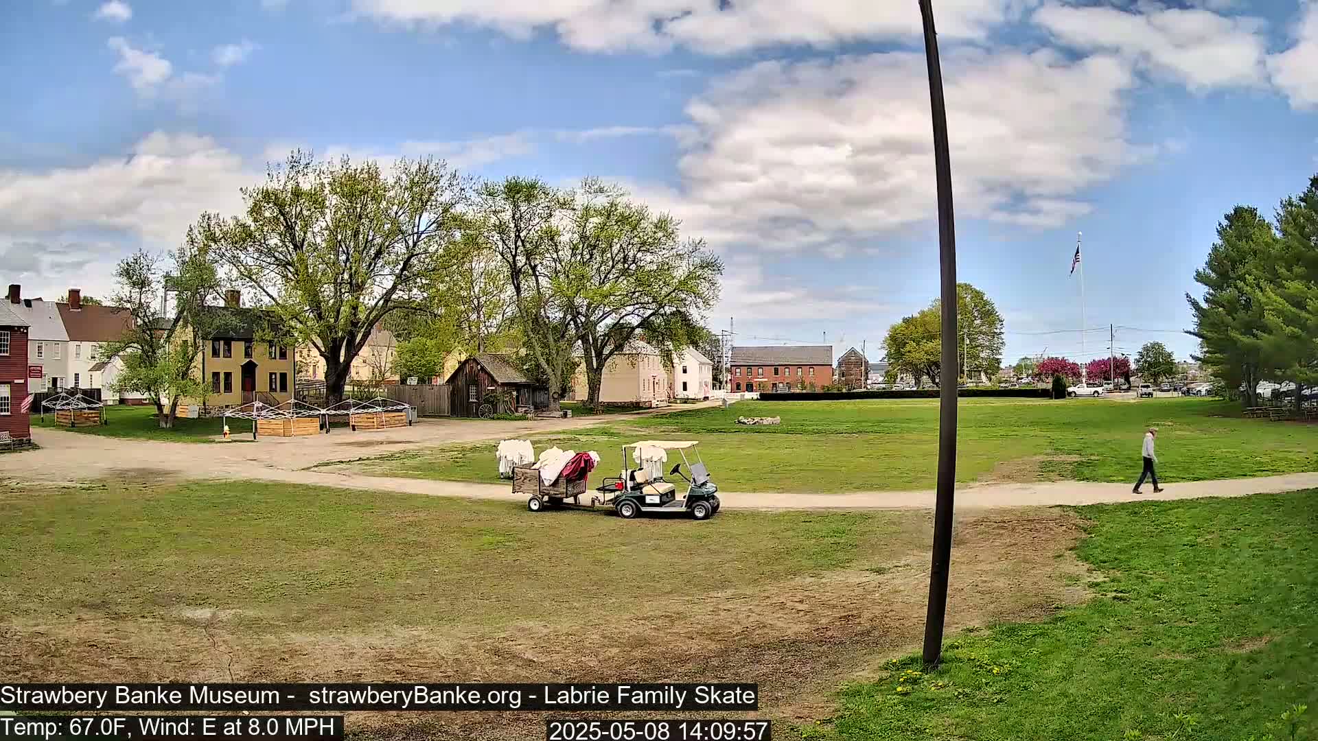 A partly cloudy day shows a grassy field with historical buildings, a golf cart carrying items, and a person walking on a path.