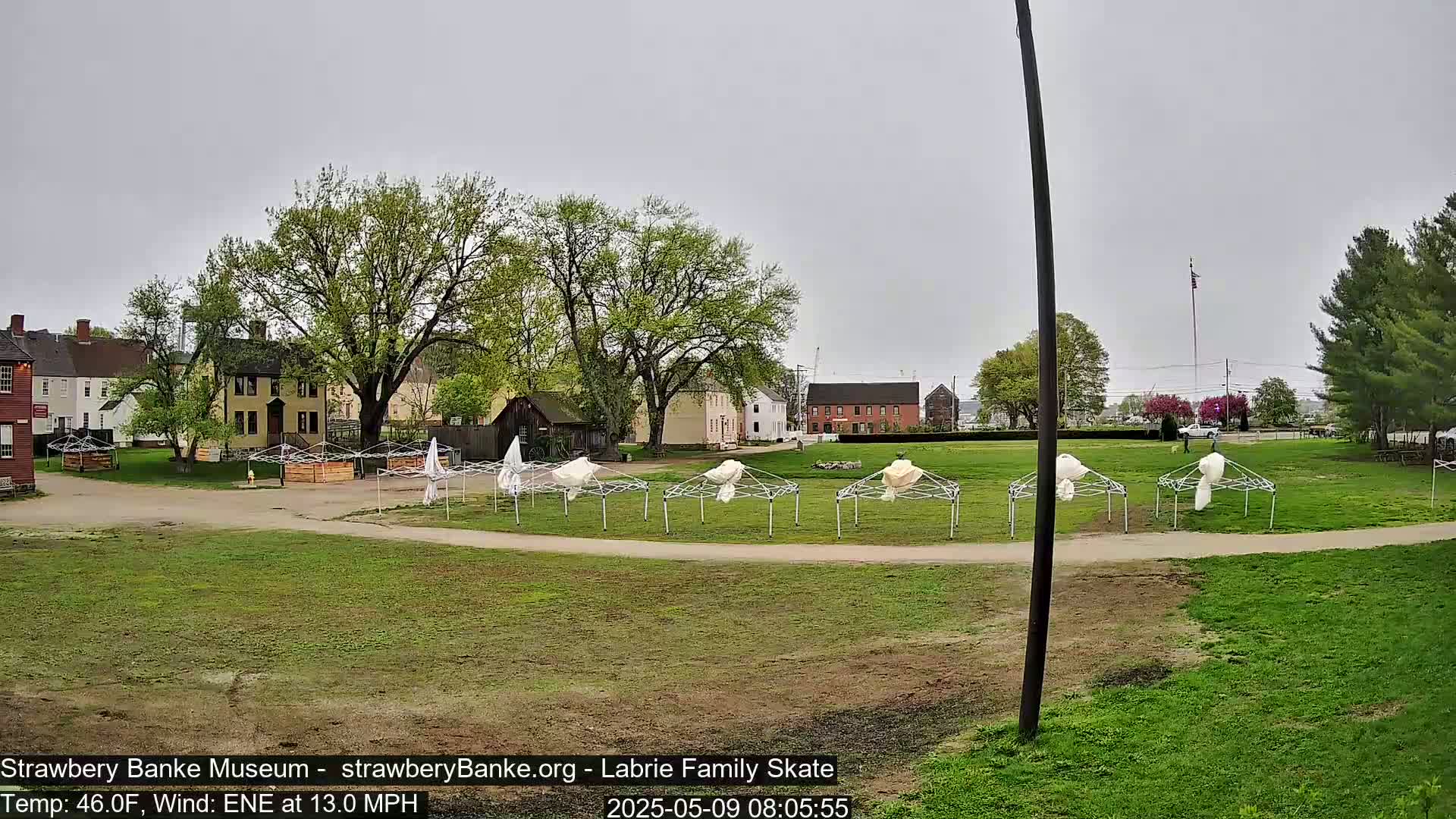 Several covered folding tents are set up on a grassy area near historical-looking buildings under a cloudy sky with a moderate east-northeast wind.