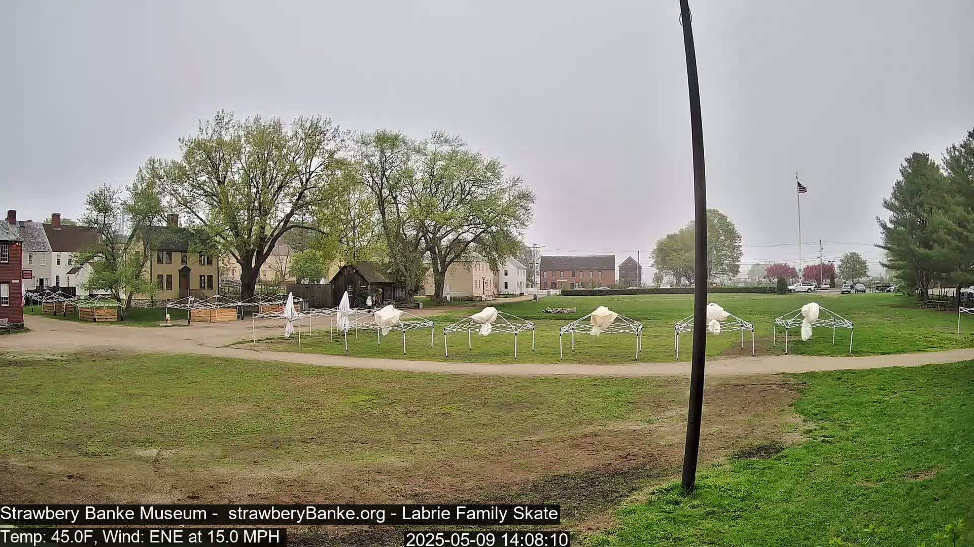 Several historical-looking buildings are situated on a grassy area with several folded pop-up canopies under a cloudy, overcast sky with a 15 mph wind.