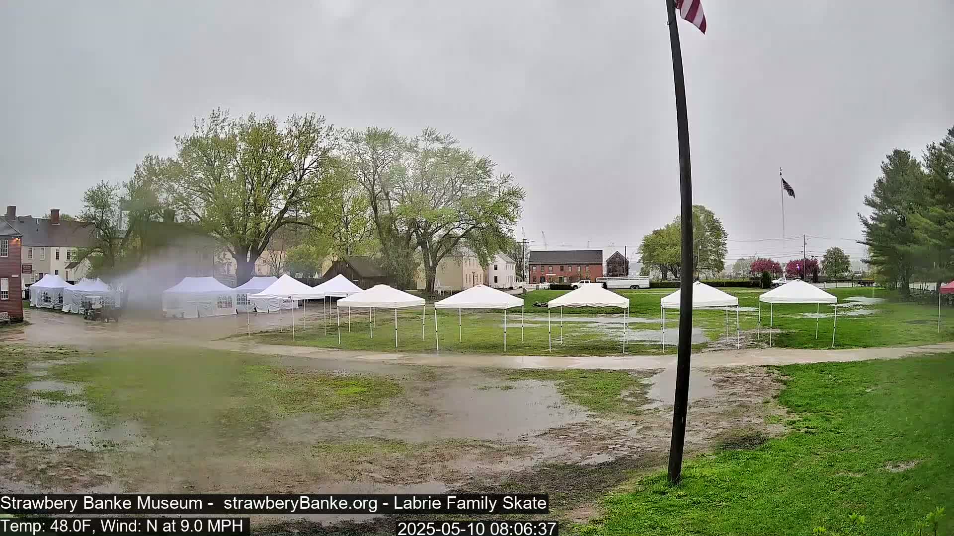 Several white canopy tents stand in a muddy, rain-soaked field near some buildings under a gray, overcast sky.