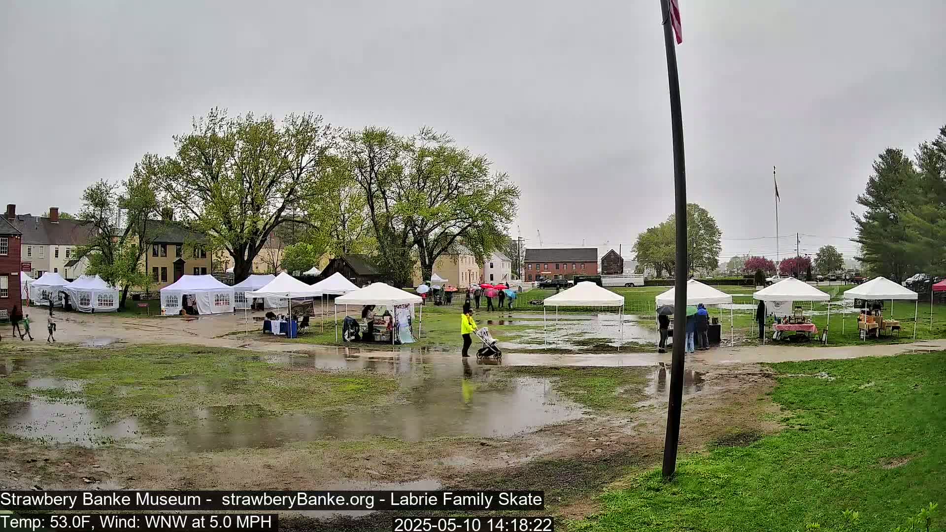 Several white canopies are set up in a muddy field under a gray, overcast sky, with people standing near them and historical-looking buildings in the background.