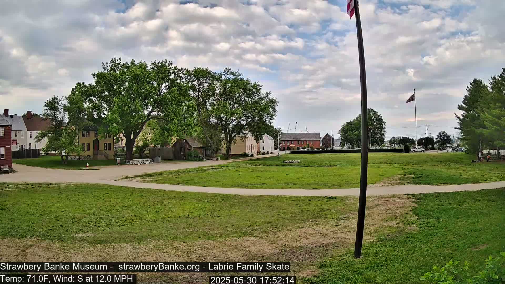 A grassy field with several historic-looking buildings and lush green trees under a partly cloudy sky.