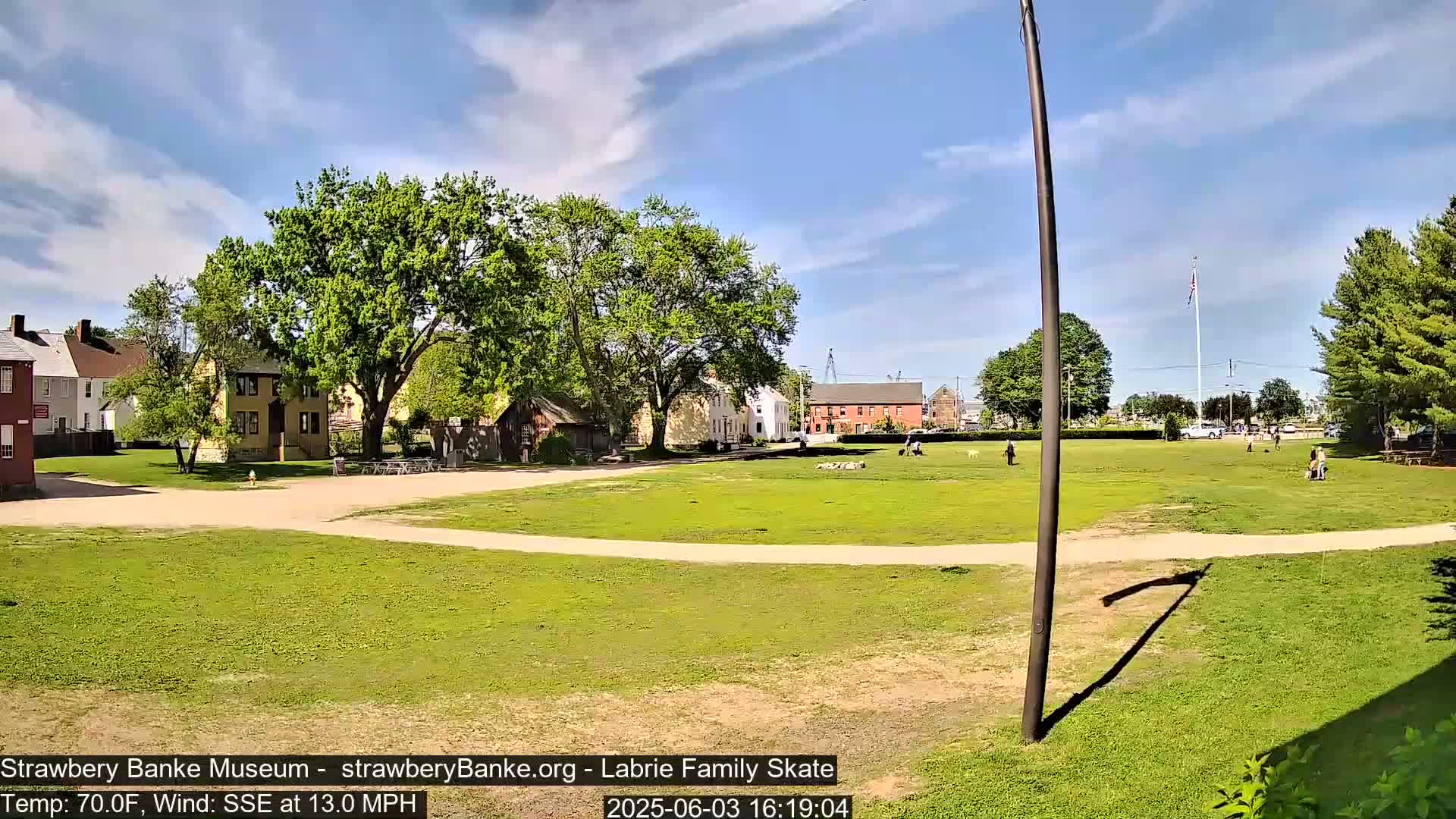 A grassy field with several historical-looking buildings and a few people scattered across it under a partly cloudy, sunny sky.