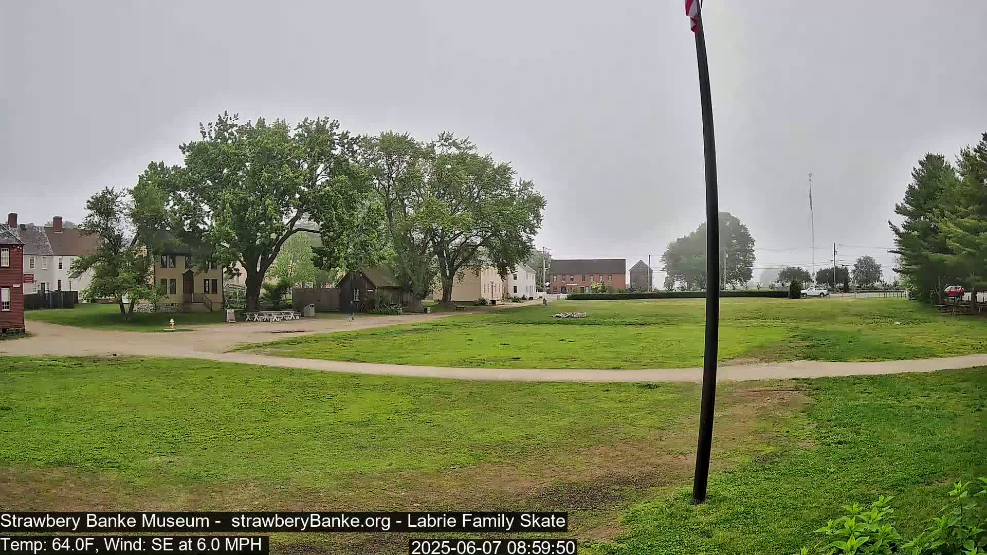 A grassy field with several historical-looking buildings in the background on an overcast day with a southeast wind.