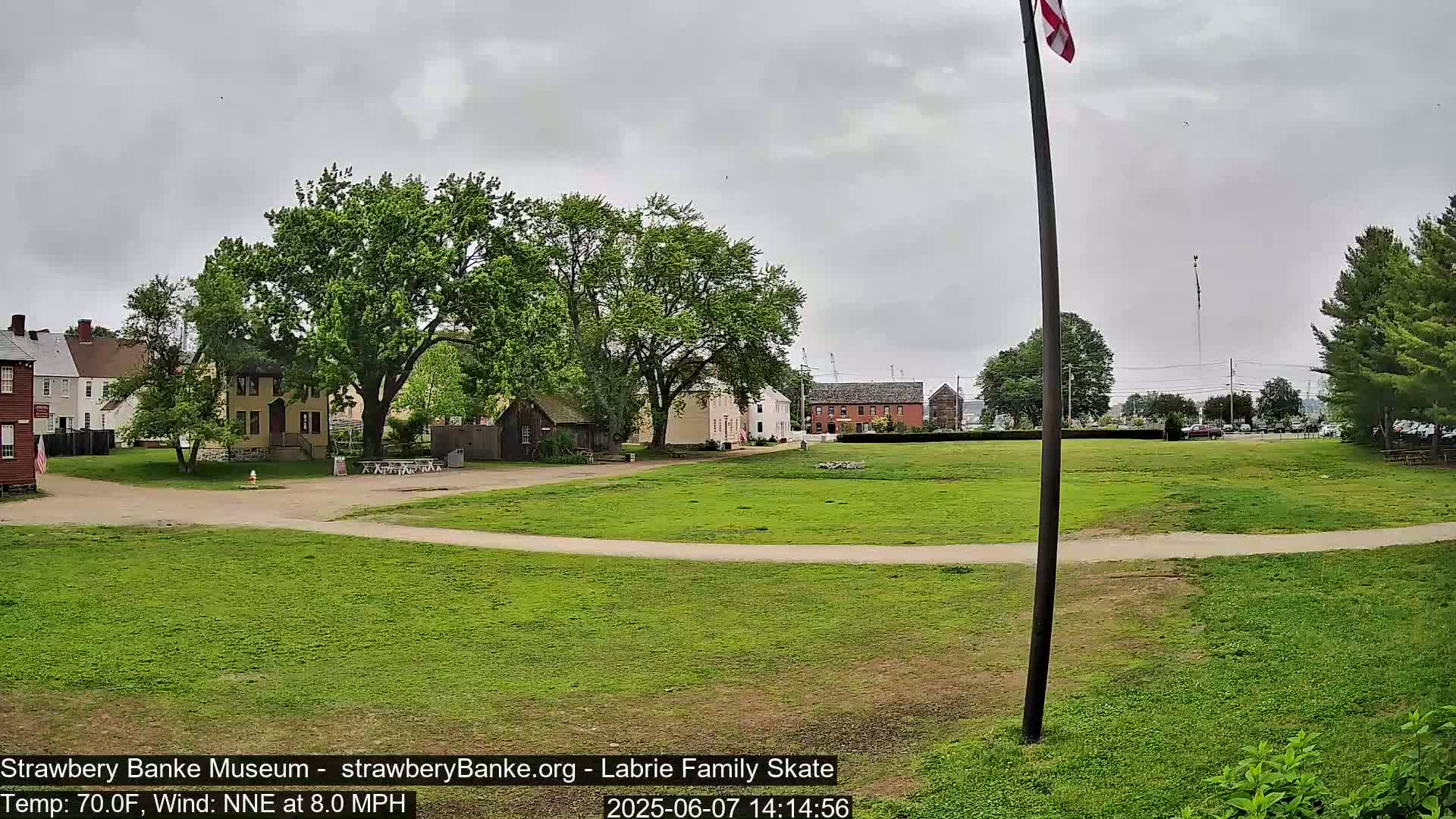 A grassy field with historical-looking buildings and trees under an overcast sky.