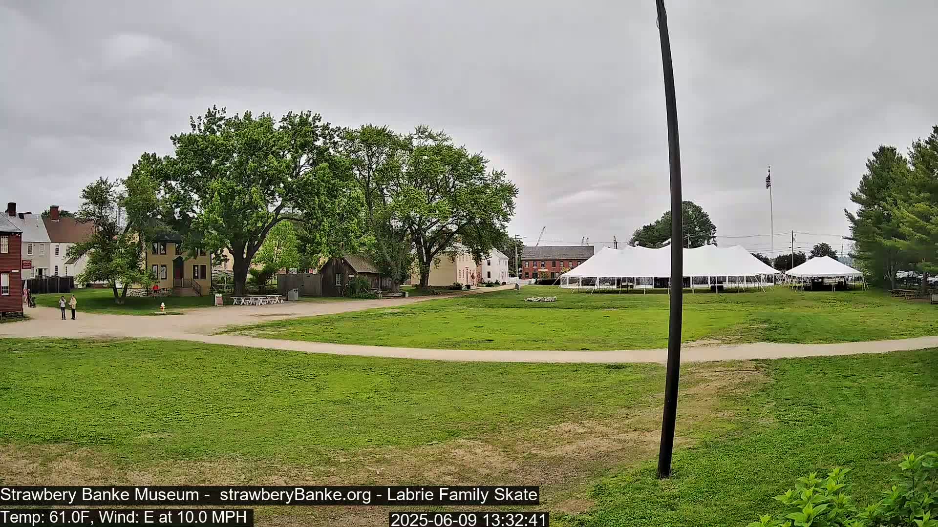 A grassy field with several historic-looking buildings, large white tents, and a few people, under an overcast sky.