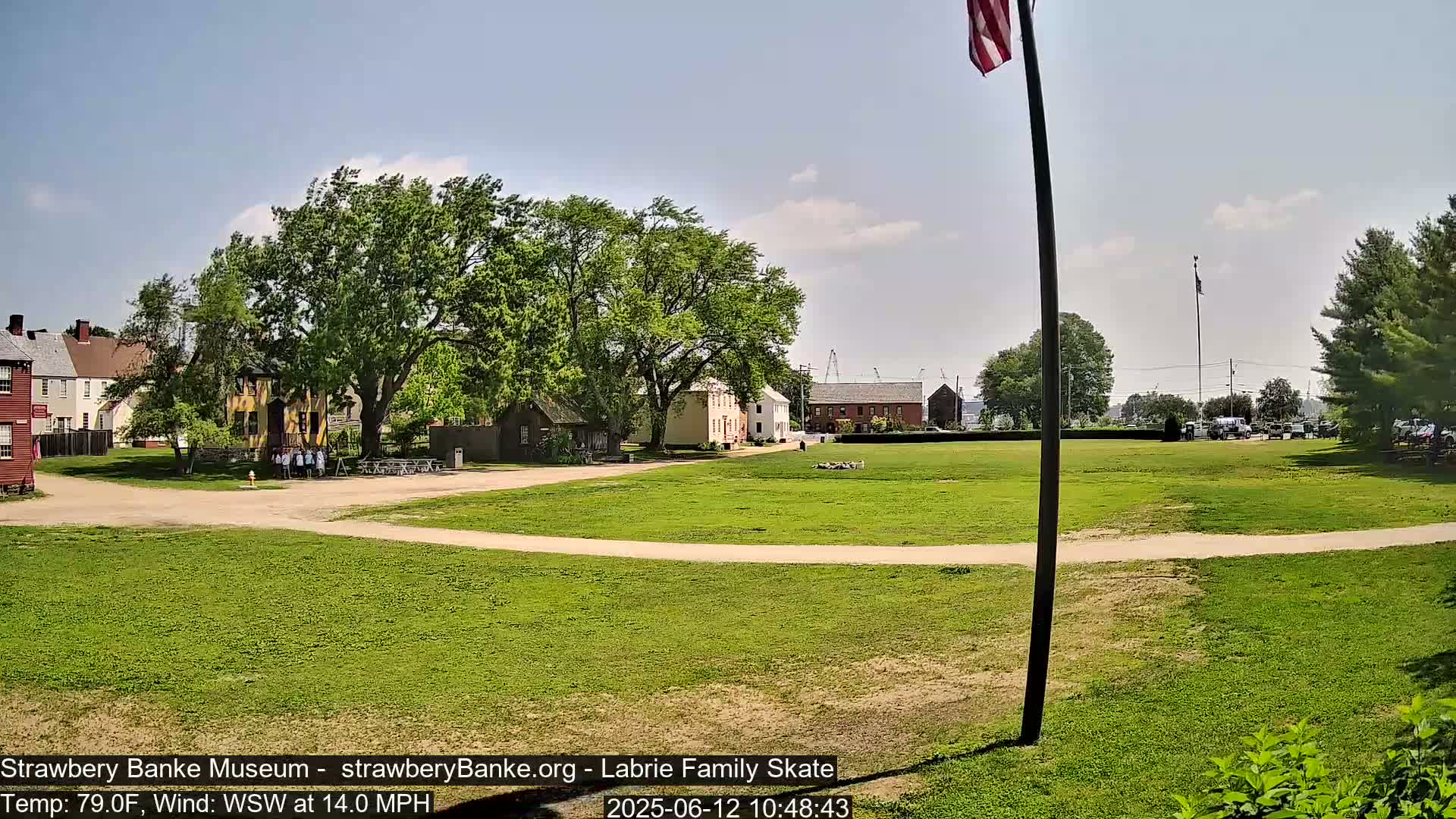 A grassy field with historical-looking buildings and trees in the background on a sunny day with a 14 mph wind.