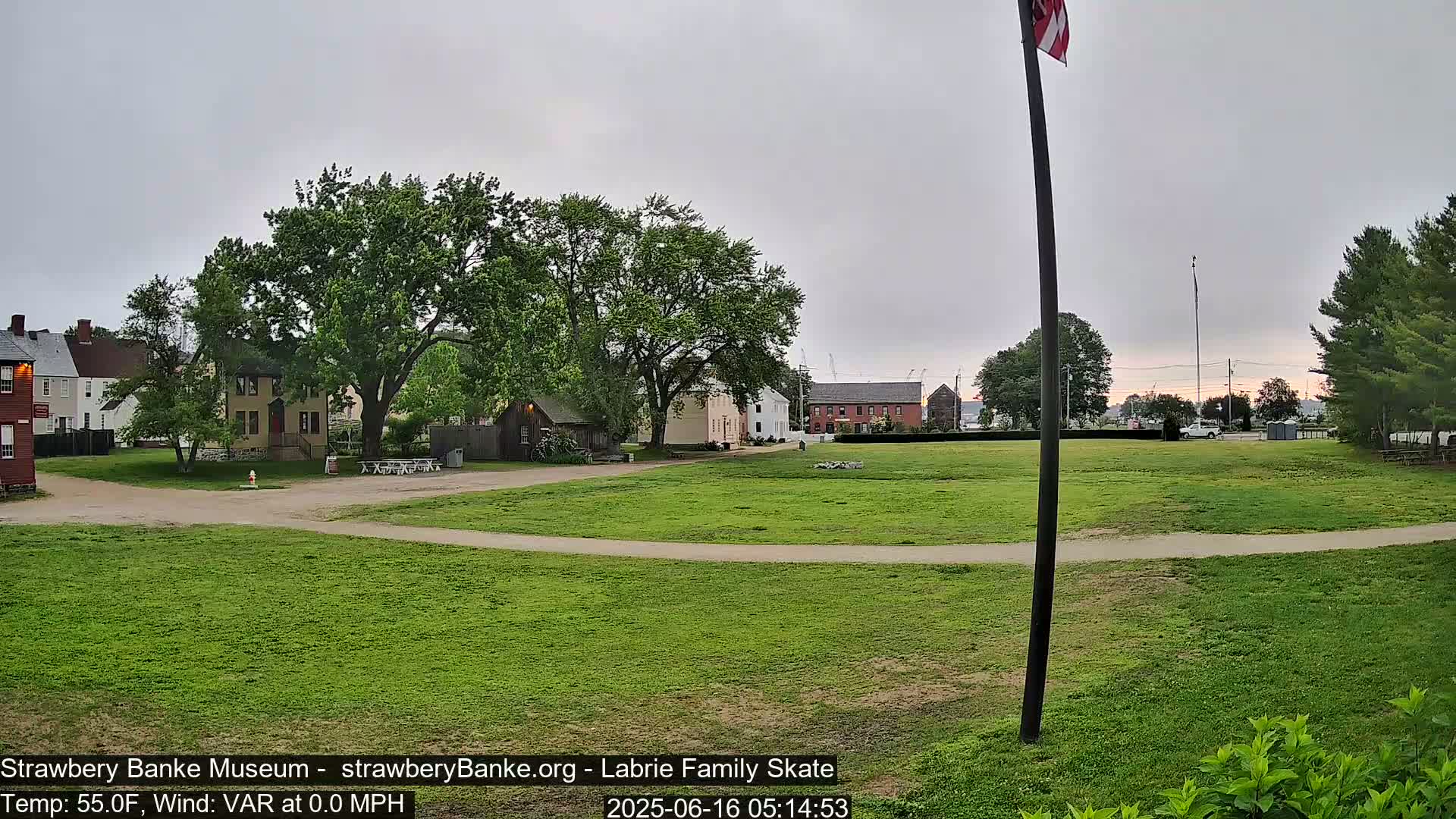 A grassy field with several historical-looking buildings and trees under an overcast sky.