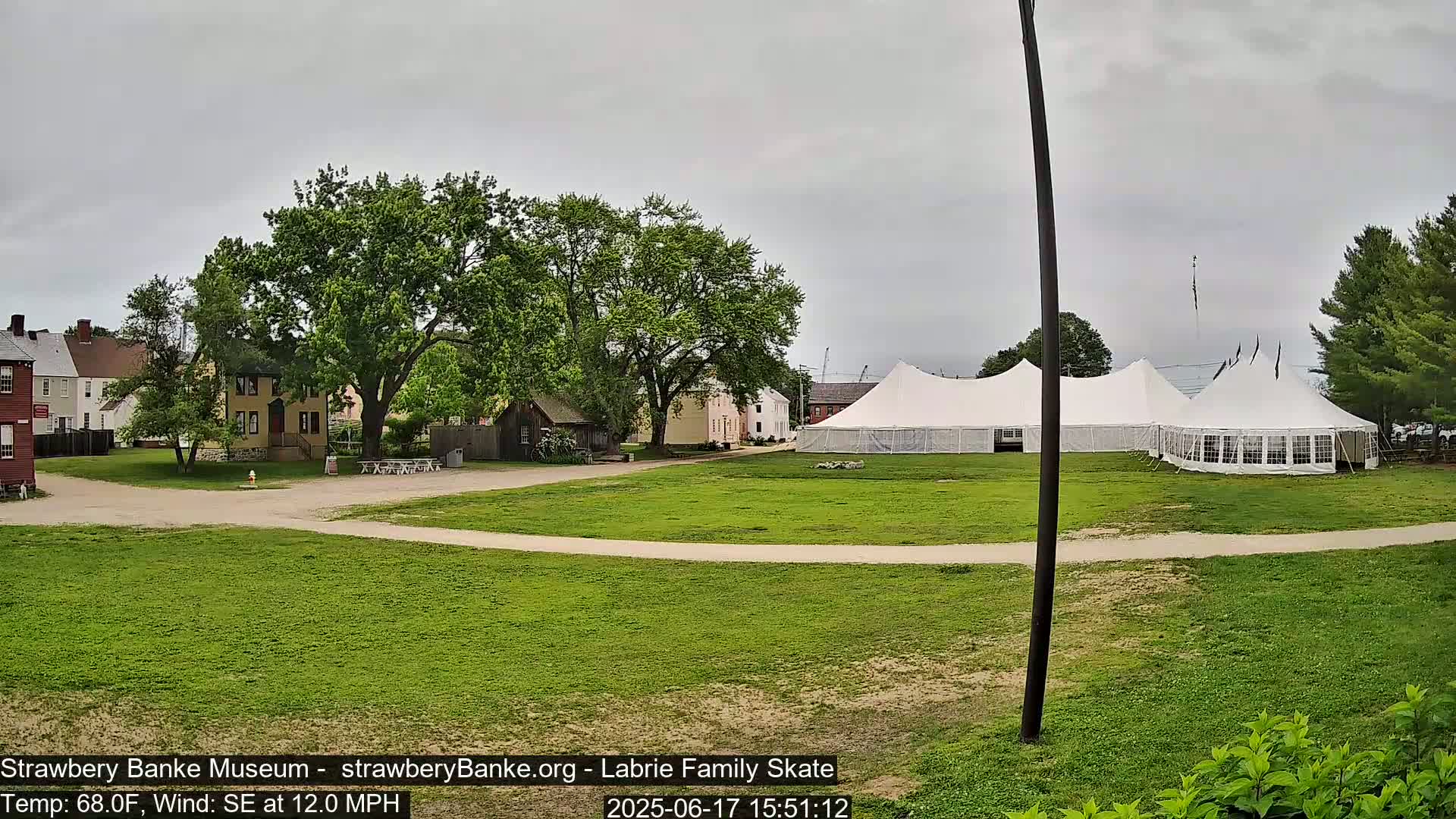 A grassy field with several historical-looking buildings and two large white tents under an overcast sky.