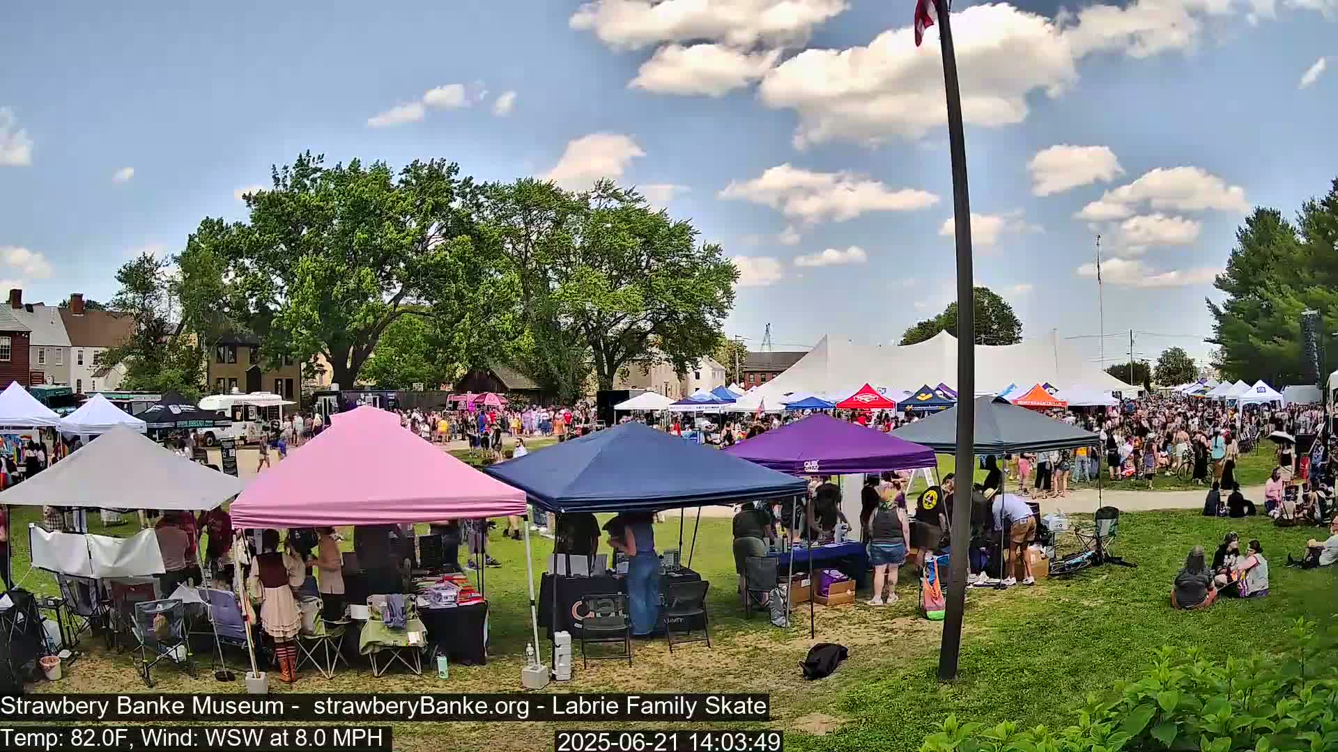 A large outdoor event with numerous tents and many people under a partly cloudy sky.