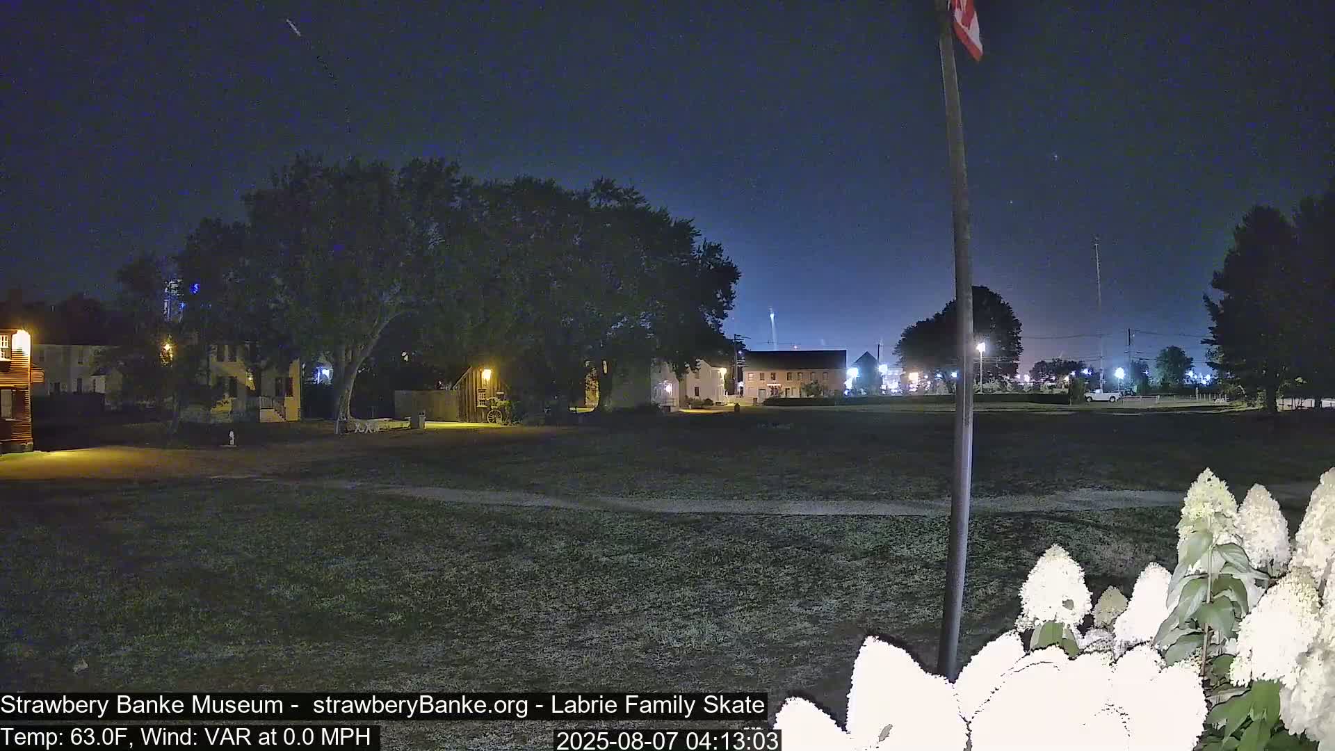 A nighttime view of a grassy area with buildings and trees in the background under a clear, dark sky.