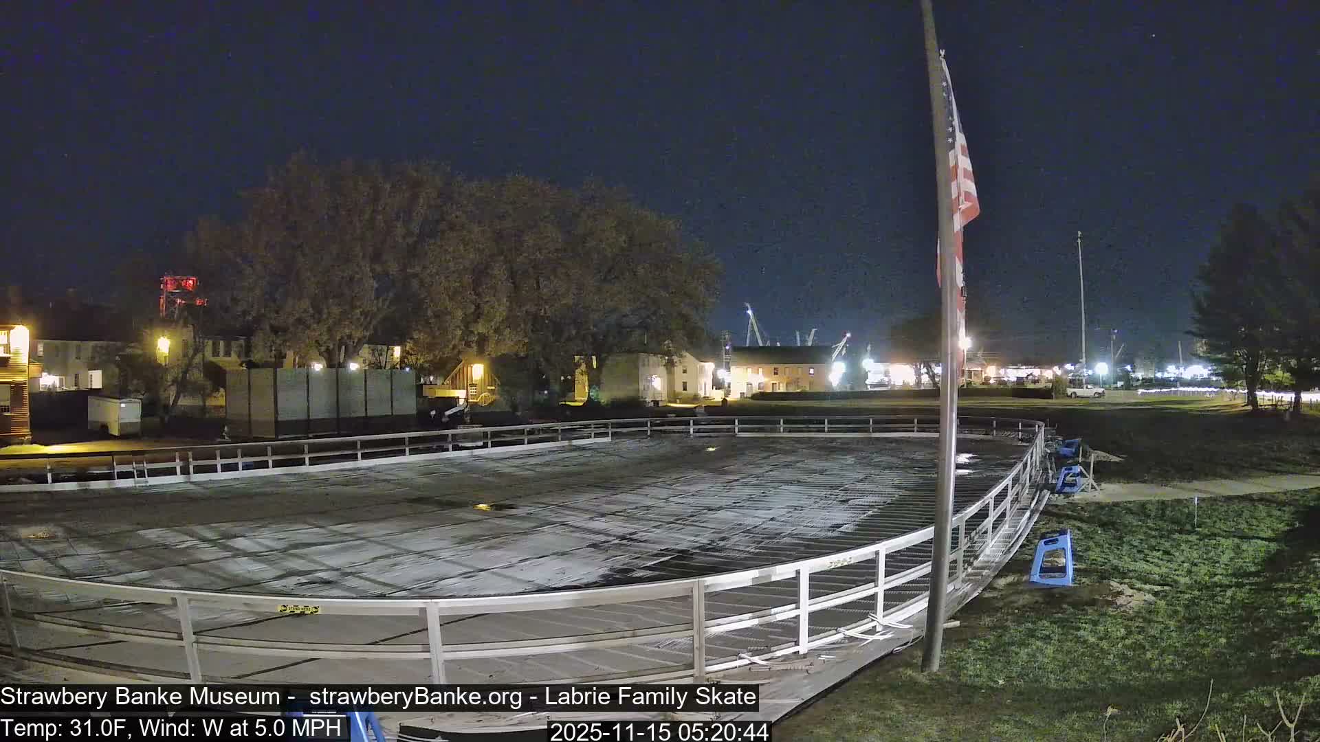 An illuminated outdoor ice skating rink, covered and empty, is seen at night surrounded by trees and buildings under a clear, dark sky.