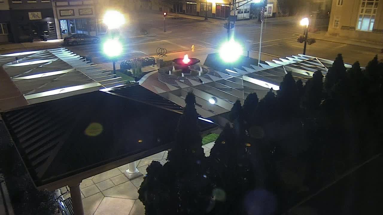 An illuminated fountain with a fiery center is surrounded by dark evergreen shrubs at night, under a covered structure and near a street.