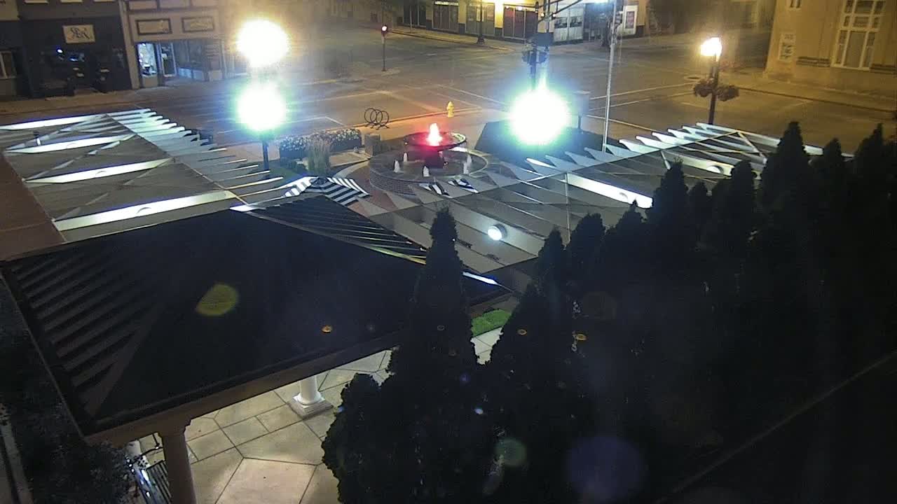 A nighttime view of a fountain with a fire feature surrounded by evergreen shrubs, situated in a paved area near buildings and streetlights.